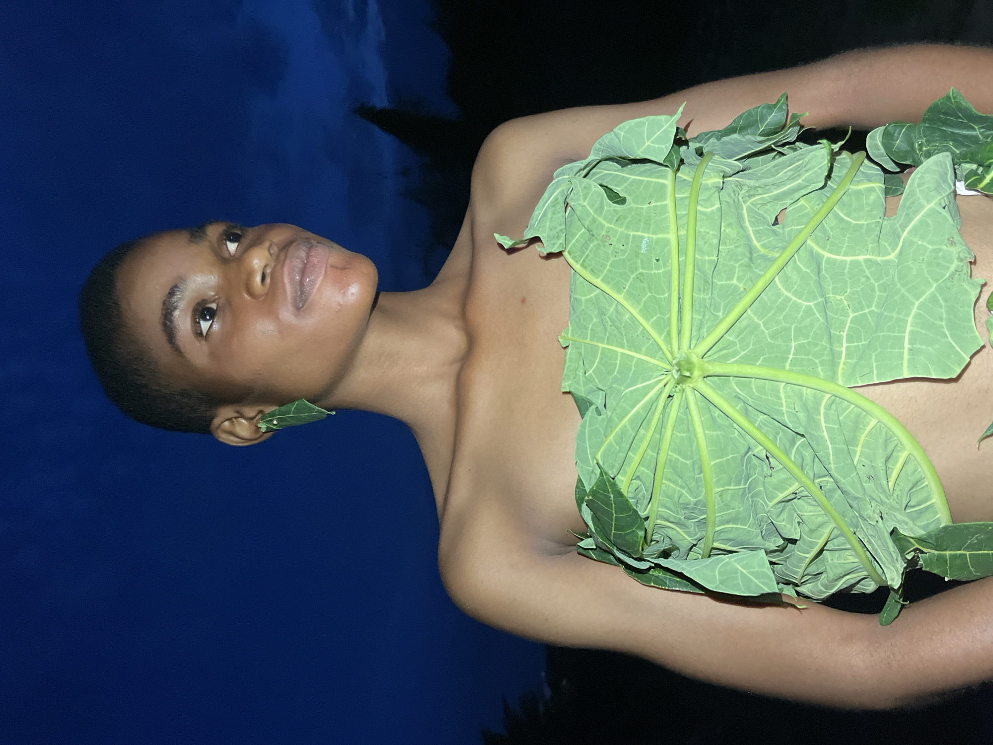 A person with dark skin and short dark hair is reclining, with a large green leaf covering the chest. A smaller leaf appears to be tucked behind the ear. The person is looking upward, and the background suggests an outdoor setting at dusk or night. The location is not discernable from the image.