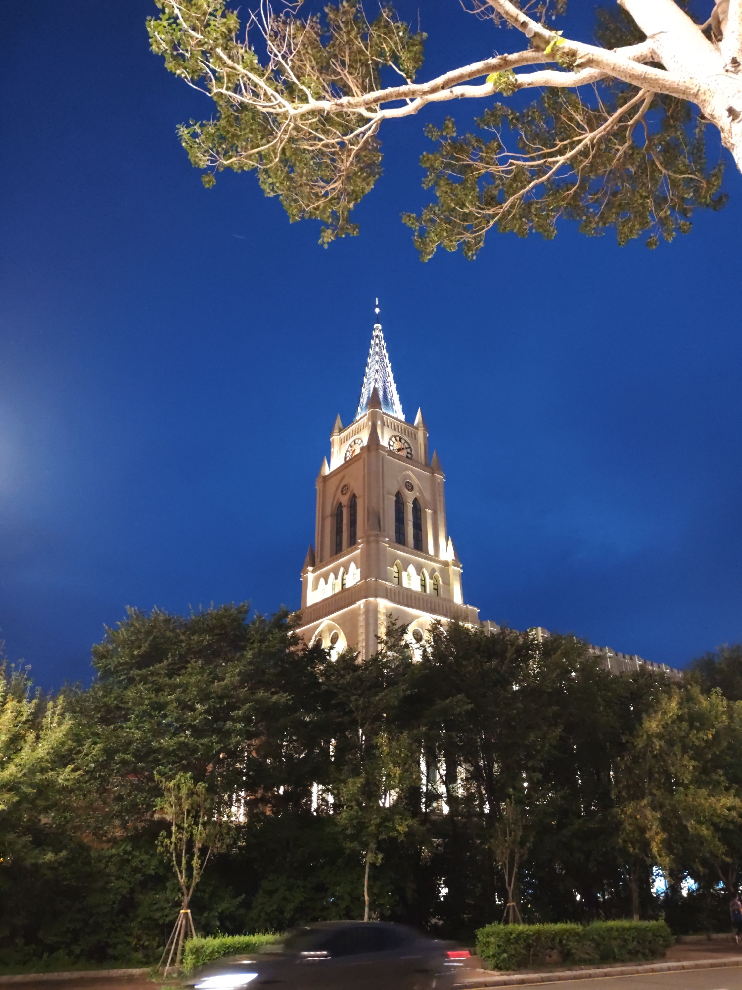 A wide-angle, low-angle shot captures a church steeple illuminated at night, set against a deep blue sky. A tree branch with green leaves partially obscures the upper portion of the image. The steeple, made of a light-colored material, is adorned with lights, and a clock face is visible. Below the steeple, dense foliage forms a dark wall in front of a building with illuminated windows. In the foreground, a dark-colored car is parked on a street, with its headlights casting reflections on the wet asphalt. The overall scene depicts an urban environment in 幸福乡, China, with the church being a prominent architectural feature.