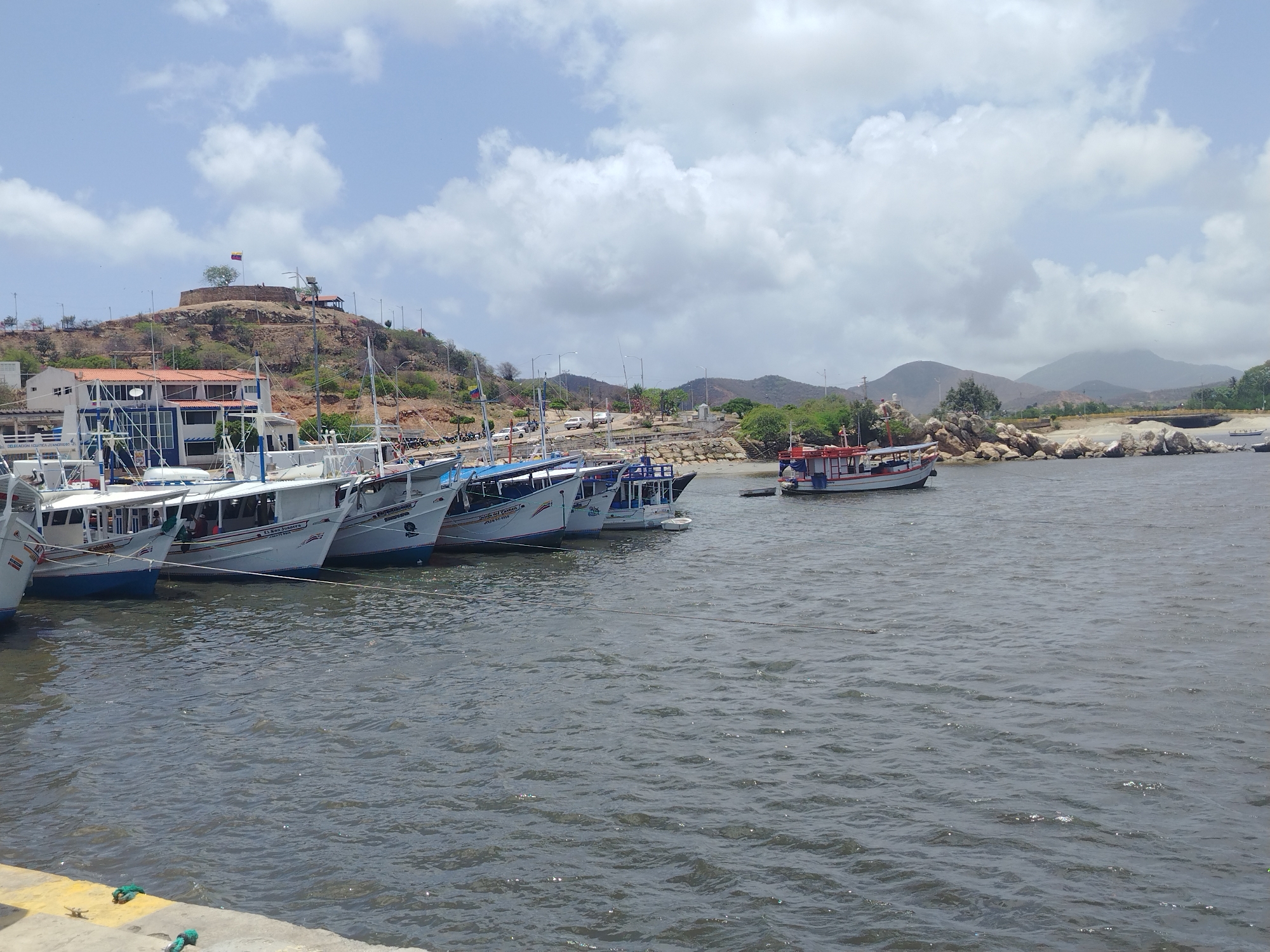 The image depicts a scenic waterfront in Juan Griego, Venezuela, on a bright, partly cloudy day. The foreground is dominated by the dark, rippling water of a harbor, with a concrete embankment and yellow line visible at the bottom left.
A row of white passenger boats with blue trim is moored along the waterfront. Some of these boats have covered seating areas and appear ready for transport. A red and white boat with a distinct cabin is anchored further out in the water to the right, closer to a rocky shoreline.
In the background, a grassy hill rises, crowned by an old fort or fortification with a Venezuelan flag flying prominently. The fort has a small building and several lights on its perimeter. The hill is dotted with scattered trees and shrubs. Beyond the hill, more distant, hazy mountains can be seen under the cloudy sky.
The overall scene suggests a bustling port area or a tourist destination, possibly a departure point for boat tours. The clear sky, except for scattered clouds, indicates it is daytime. The presence of the boats and the fort suggests a location with historical significance and ongoing activity. No discernible people are clearly visible in the boats, but the general setup implies their use for transportation or leisure.
