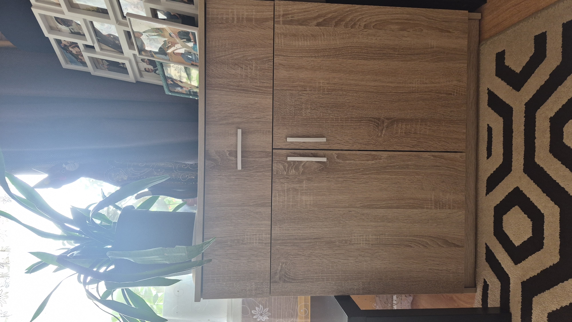 The image shows a wooden cabinet with a single drawer on top and two doors below, each with a silver handle. The cabinet is positioned on a patterned rug. To the left of the cabinet, there is a black object, possibly a table leg. On top of the cabinet, near the left side, is a potted plant with long green leaves. Behind the plant, a wooden decorative cat figure is visible, and to the right, a stack of framed photographs is arranged. The background includes a window with sheer curtains and a dark curtain. The scene appears to be an indoor setting, possibly a room in a house or apartment. The provided crops focus on different parts of the cabinet, the plant, the cat figure, and the framed photos. There are no people or animals clearly visible. The location is specified as Krauja, Latvia.