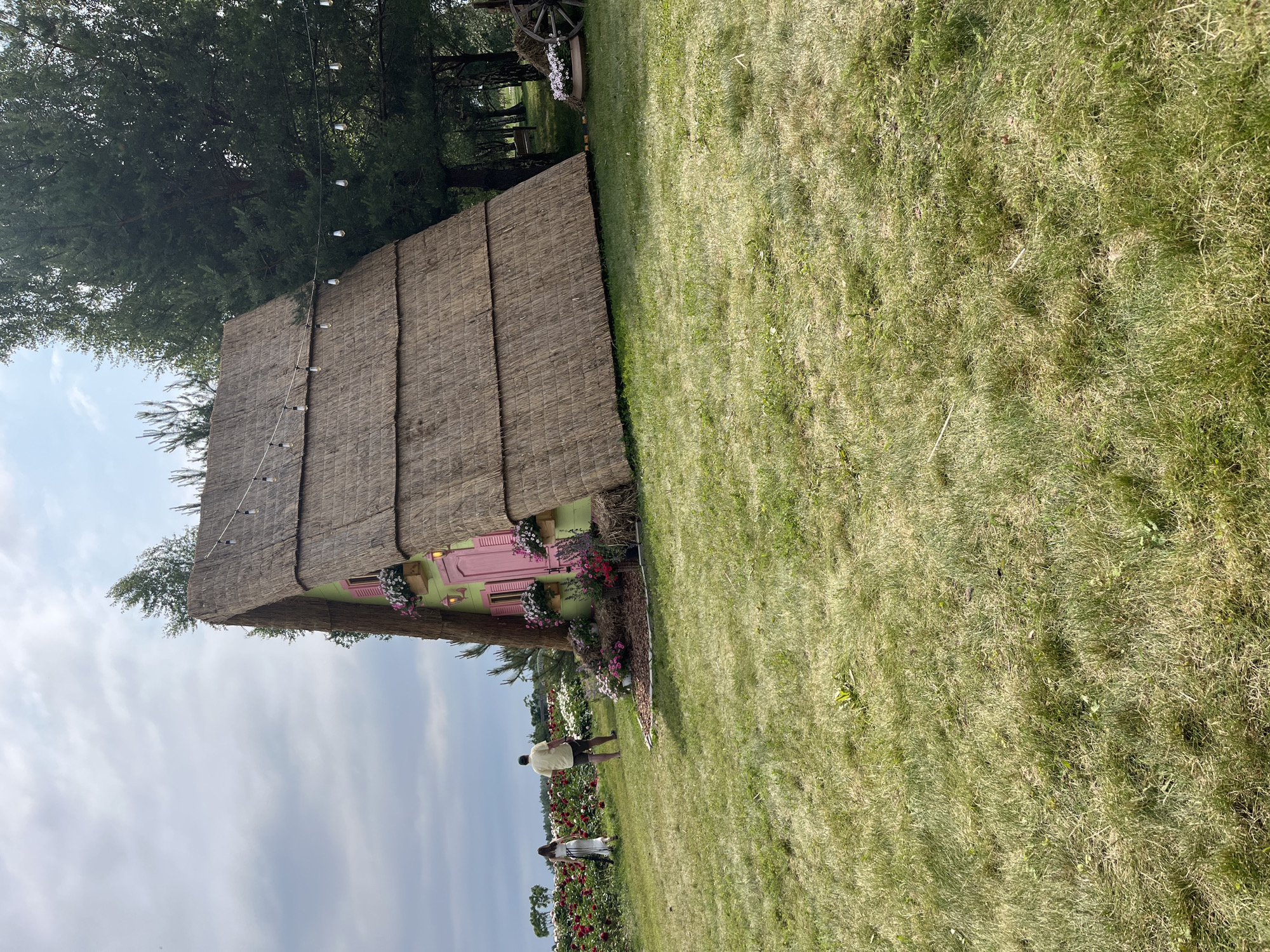 The image depicts a whimsical, A-frame style house with a thatched roof and light green walls, adorned with pink shutters and window boxes overflowing with pink and white flowers. String lights are suspended across the roof. The house is situated in a grassy field dotted with more flowers, particularly a dense patch of red and white roses to the left of the frame. Two individuals, a man in a yellow shirt and shorts and a woman in a white dress, are walking through the field, away from the camera and towards the rose bushes. The background features a line of trees and a cloudy sky. To the right of the house, a wagon wheel and a large pot with white flowers are visible, suggesting a decorative garden setting. The overall scene appears to be in Severynivka, Ukraine, likely a park or a flower exhibition.
