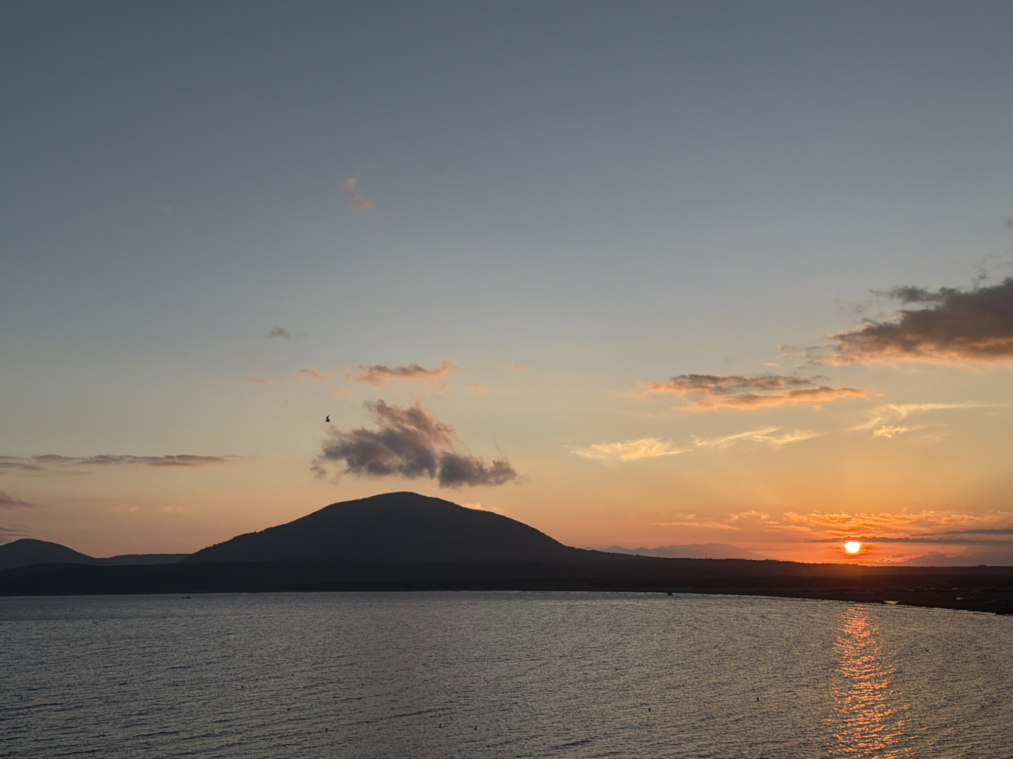 The image depicts a serene sunset over a body of water, likely a bay or sea, near Yuzhno-Kurilsk, Russia. The sky is a gradient of soft blues and oranges, with wispy clouds tinged pink and gold by the setting sun. In the foreground, the water is calm, reflecting the warm hues of the sky. A dark, silhouetted mountain range forms a backdrop, with a distinct conical peak prominent on the left side of the frame. A solitary bird is captured in flight against the colorful sky. The sun, a bright orb, is partially obscured by clouds near the horizon on the right, casting a shimmering golden path across the water. The overall scene conveys a sense of tranquility and natural beauty.