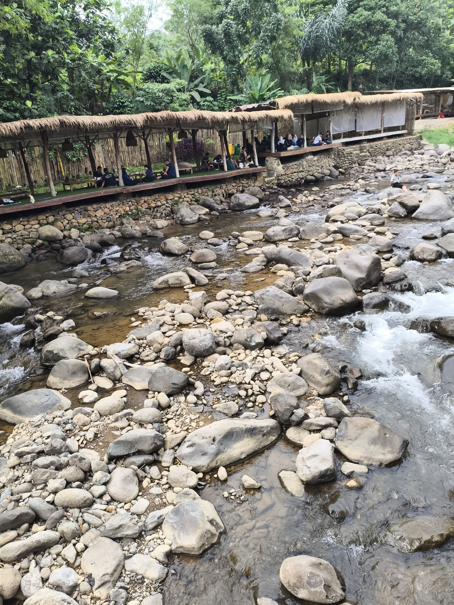 This image captures a serene outdoor scene in Babakan Madang, Indonesia, featuring a rocky river and a riverside lounging area. The dominant feature is a wide, shallow river flowing through the center, its bed densely packed with numerous rocks and boulders of various sizes, ranging from small pebbles to large, smooth stones. The water appears clear in many parts, allowing the riverbed to be visible, while sections with rapids show white, foamy water, indicating a gentle current.
Along the left bank of the river, an elongated, elevated wooden platform is built, serving as a dining or relaxation area. This structure is covered by a long, continuous thatched roof, supported by a series of wooden posts. Behind the platform, a bamboo fence or wall provides a backdrop. The area surrounding the platform and river is lush with dense green foliage, featuring a variety of tropical trees and plants, suggesting a natural, forest-like environment.
Several groups of people are seated on the platform, mostly sitting on low cushions or directly on the green artificial turf covering the floor. They appear to be casually dressed, engaged in conversation, or simply relaxing and enjoying the surroundings. Small, low tables are placed in front of some groups. In one of the detailed views, a person is seen sitting alone on a large rock in the middle of the river, looking towards the platforms.
The scene takes place during the daytime, under bright, diffused light, suggesting pleasant weather suitable for outdoor activities. The overall atmosphere conveyed is one of tranquility and leisure. There is no visible text in the image.