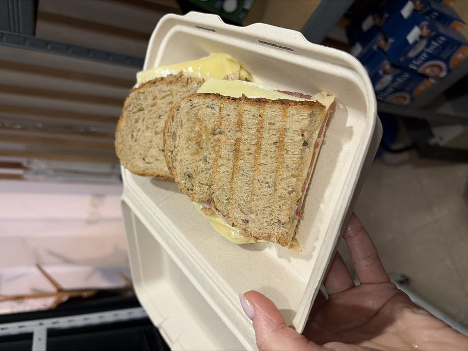 A close-up photograph depicts a human left hand holding a light beige, two-compartment disposable food container, likely made of pulp fiber. The container holds a sandwich, cut into two diagonal halves, occupying the right compartment. The sandwich consists of toasted multigrain bread, exhibiting grill marks and visible seeds. Between the bread slices are layers of partially melted yellow cheese and a thin layer of reddish deli meat. The hand, with manicured fingernails adorned with light pink polish, supports the container from its lower-left side. The background indicates an indoor commercial setting, possibly a kitchen or storage area. Vertical dark metal shelving units are visible on both the left and right sides of the frame. On the bottom right, multiple blue cartons or boxes, some labeled "Barista" with a circular logo, are stacked on a shelf. The central background features a lighter-colored wall or surface, possibly paneled or striped, with some blurred elements. The exact location in the city of Unknown, Unknown, is undetermined from the image.