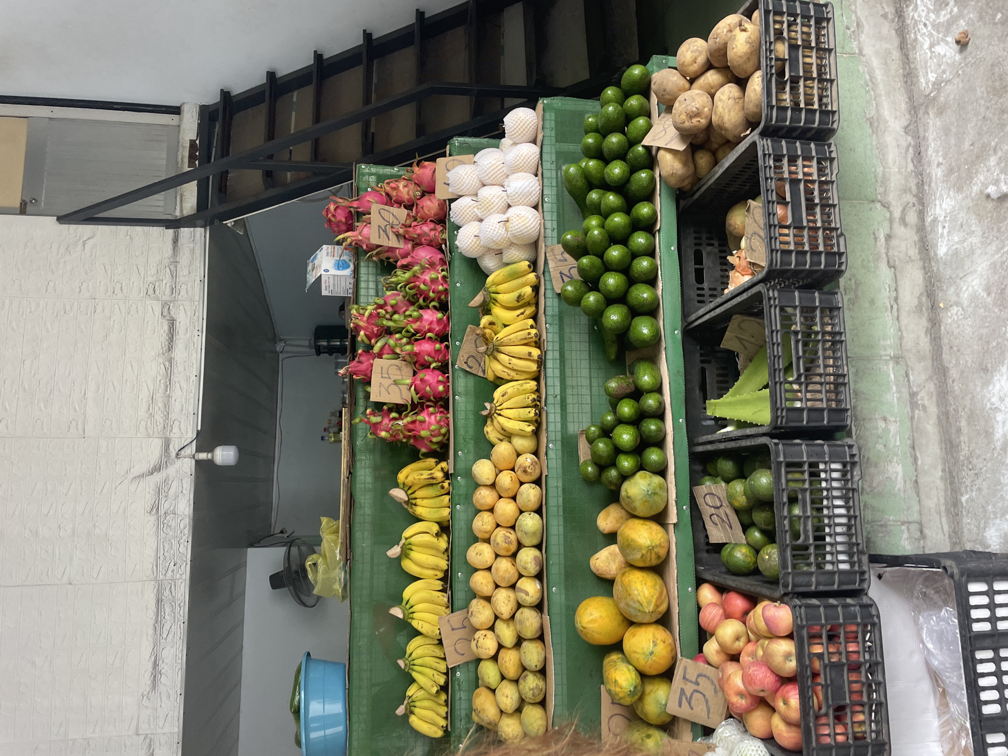 A fruit stand is displayed on tiered shelving with a green background. The top shelf displays dragon fruit, while the second shelf showcases bananas. The third shelf features mangoes and a bunch of bananas. The fourth shelf has papayas, potatoes, and avocados. On the bottom level, there are crates of apples, limes, onions, and aloe vera. In the background, a black metal staircase leads upwards. The fruit stand appears to be located outdoors in a city, possibly Nha Trang, Vietnam, given the typical produce and the architecture visible.