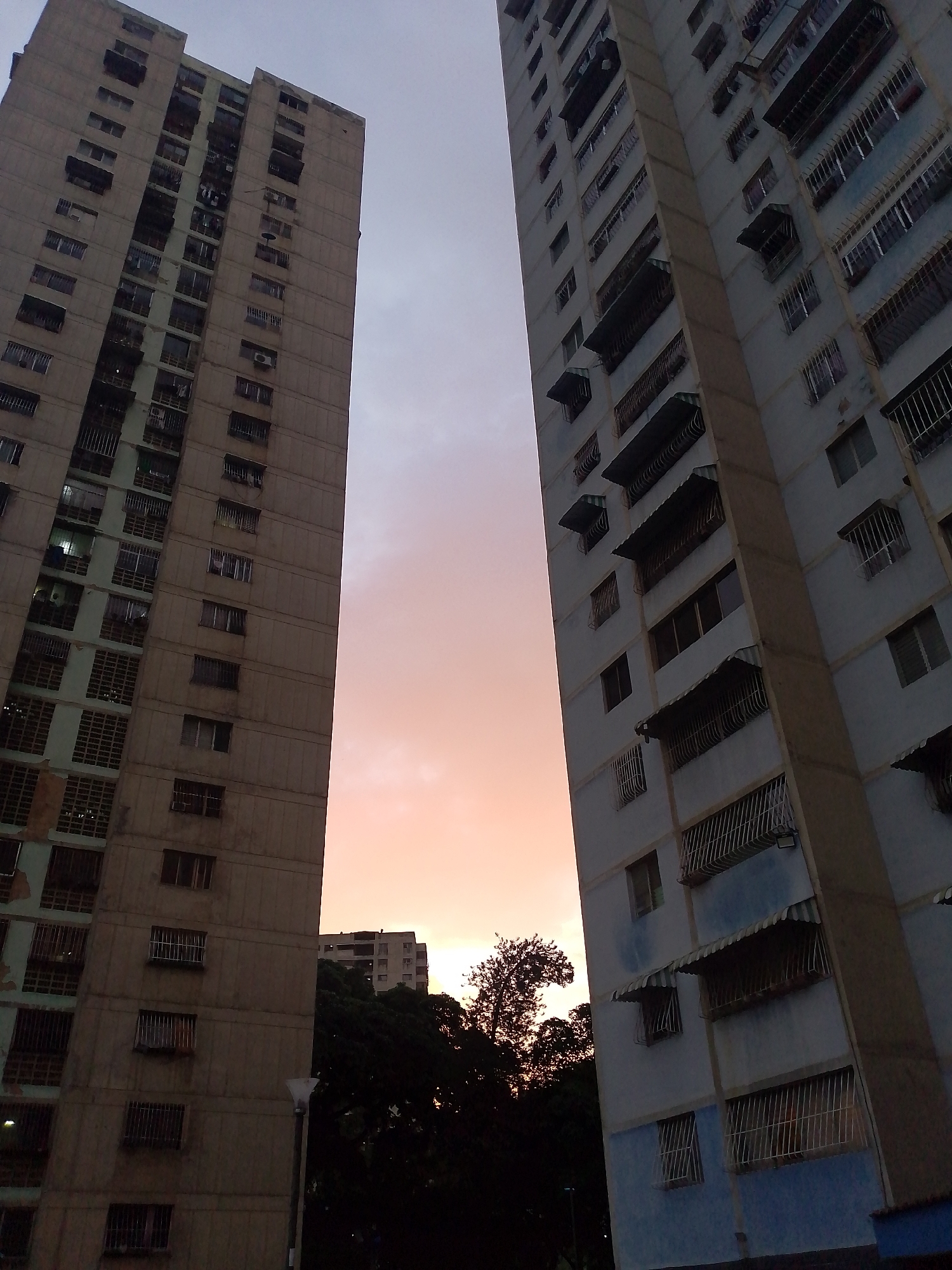 The image shows a low-angle view of two tall, multi-story apartment buildings in Caracas, Venezuela. The buildings are made of concrete and have rows of windows, some with metal bars or awnings. The building on the left is a dull grey-beige, while the building on the right is light blue. The sky is a mix of grey and orange, suggesting either sunrise or sunset. In the lower center of the image, a stand of dark green trees obscures a lower building in the background. A light pole is visible near the bottom left. No people are visible.