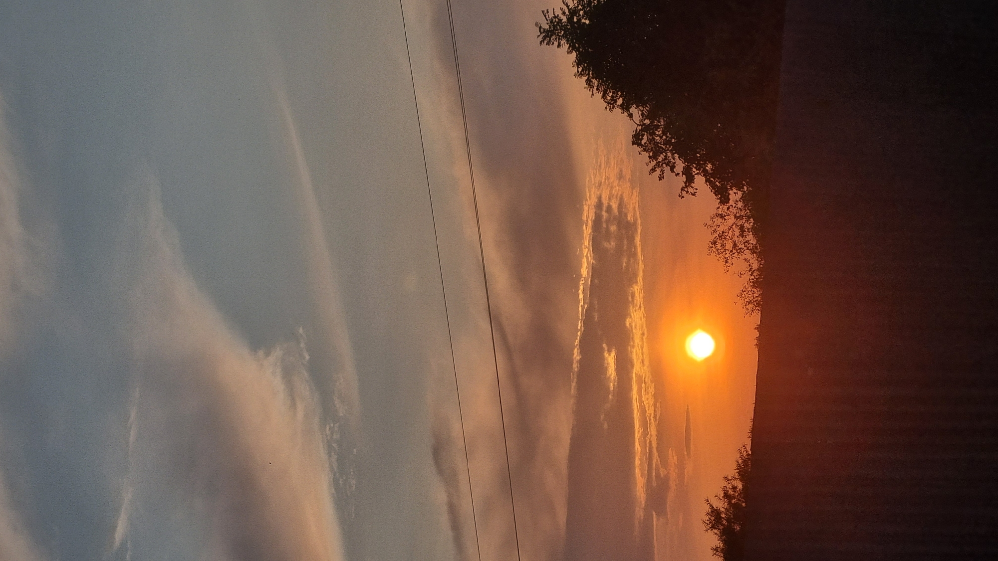 A vertical, low-angle shot captures a sunset over Vysokoe, Russia. The sky is a gradient of pale blue at the top, transitioning to orange and pink hues with scattered clouds. Two power lines traverse the sky horizontally. In the lower half of the image, silhouetted trees and a fence are visible against the brightly lit horizon. The sun, a brilliant orange orb with a white center, is positioned slightly left of the frame's center, casting a warm glow.