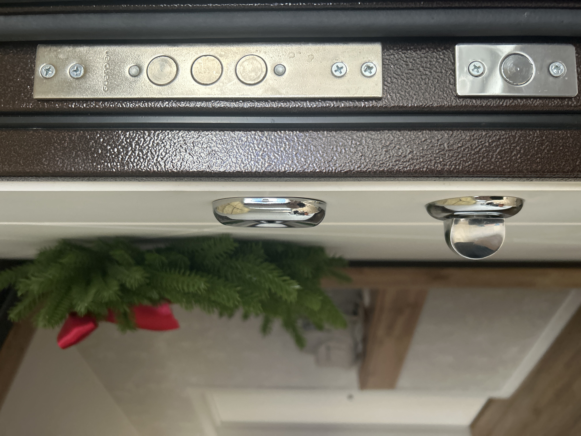 The image depicts an interior scene with a focus on a door and its security features. The door is primarily dark brown, possibly metal, with a textured surface. Two silver-colored metal plates are visible on the door's frame, each secured with screws. One plate has the word "guardian" inscribed on it. Below the door frame, two reflective, rounded metal objects are mounted on the door itself. A partial view of a green pine branch with a red ribbon is visible, likely part of a holiday decoration. Based on the inscription "guardian", it is likely the image was taken in Chaikovsky, Russia.