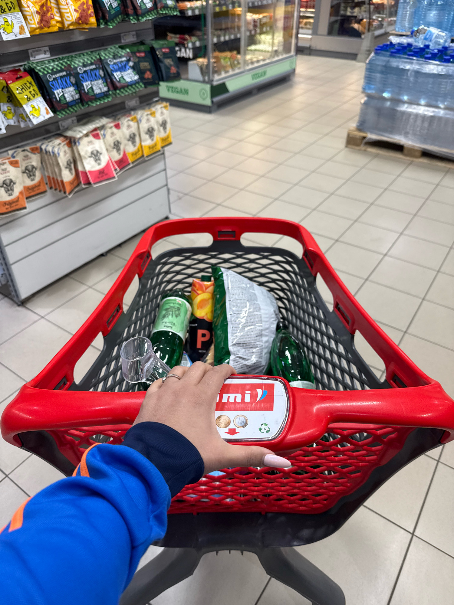 A first-person perspective shows a person's hand and arm as they push a red grocery cart. The cart is filled with various items, including what appears to be bottled drinks and bagged snacks. A coin slot mechanism is visible on the front of the cart. The background shows shelves stocked with products, suggesting a supermarket or retail environment. The flooring is tiled and appears to be in an indoor setting. The lighting indicates an artificially lit space. The overall scene depicts a shopping excursion.