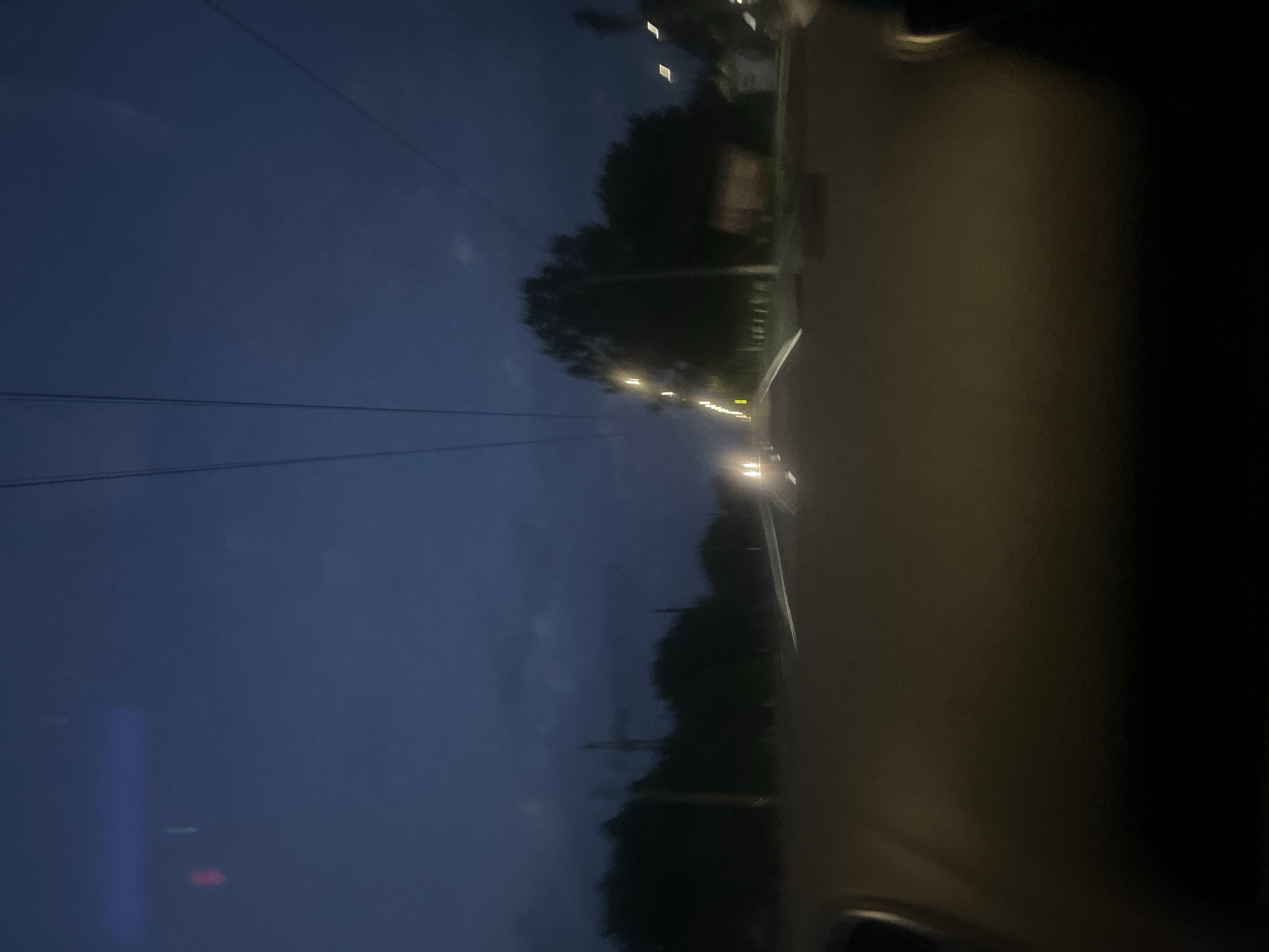 The image captures a view from inside a vehicle traveling at night on a road in Strumivka, Ukraine. The sky is a deep twilight blue, with dark clouds indicating a potentially overcast or stormy evening. Overhead, power lines are visible against the sky. The road ahead is illuminated by the headlights of the vehicle and the streetlights lining the right side of the road. Trees and some structures are dimly visible on either side of the road, partially obscured by darkness and motion blur. The foreground of the image is dominated by the interior of the vehicle, with the dashboard and windshield providing a dark, blurry frame. One set of headlights from an oncoming vehicle is visible in the distance.