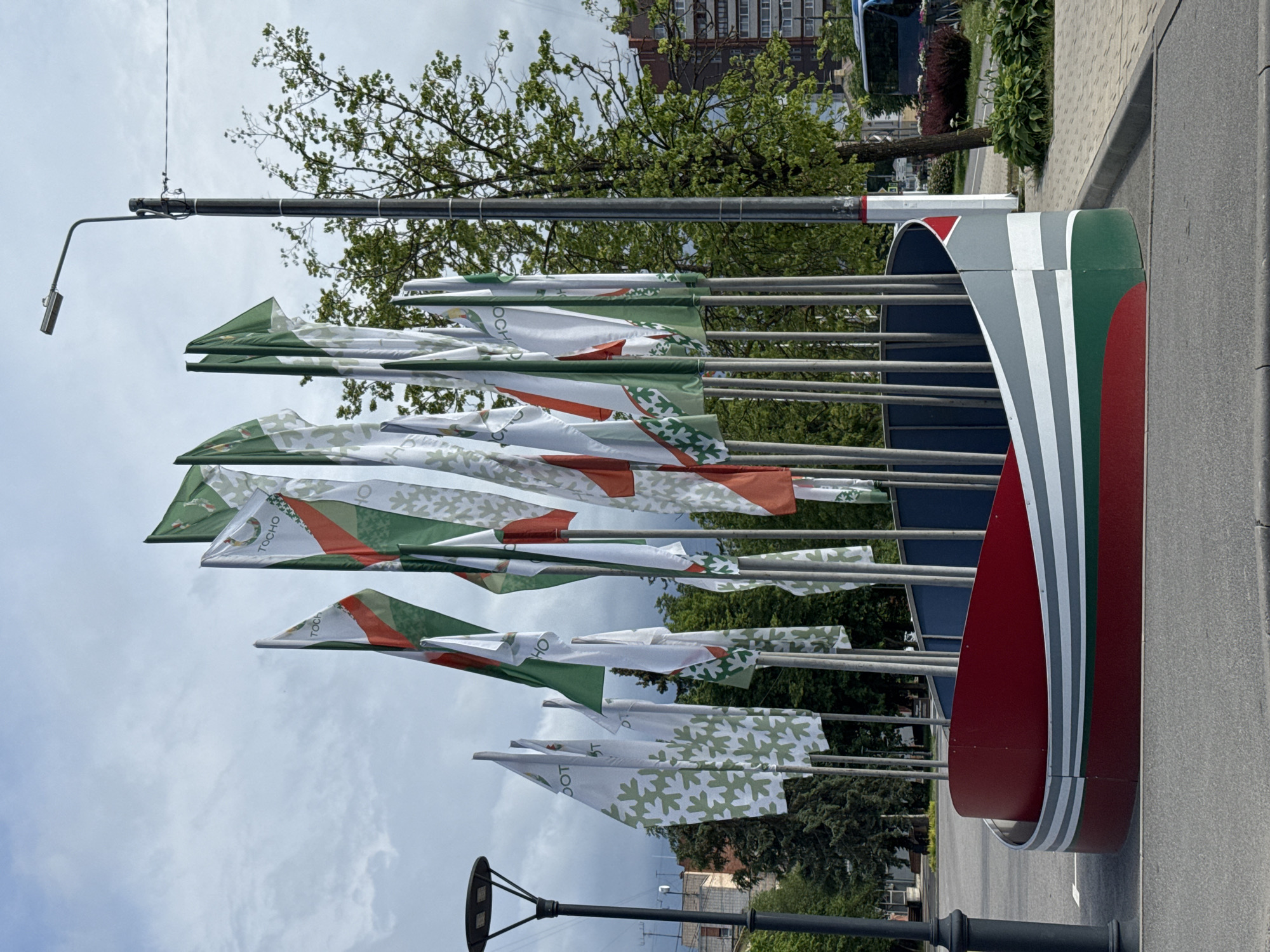 In Tosno, Russia, a cluster of vertical flags, predominantly white with green and red accents, are displayed. Some flags feature a repeating leaf-like pattern in green on a white background, while others bear the inscription "TOCHO" in green letters. The flags are arranged around a curved, multi-colored structure that is red at the bottom, followed by grey and white stripes, and a green band. Behind the flags and structure, a dark lamppost stands prominently, with a street light at its apex. A large tree with lush green foliage is visible to the right of the lamppost, and a building with multiple windows can be seen in the distance. The ground in the foreground is paved with asphalt and grey concrete. The sky is overcast with a few clouds.