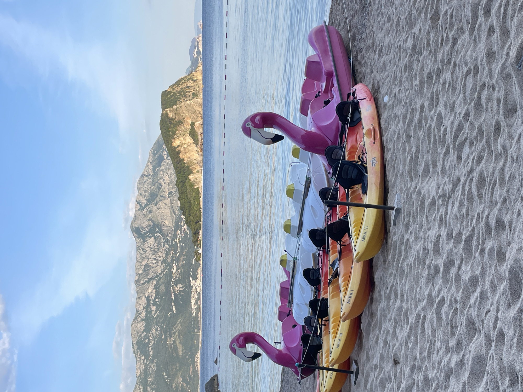 The image depicts a row of kayaks and flamingo-shaped paddle boats lined up on a sandy beach, likely for rental purposes. The foreground showcases the beach with its sand texture. Beyond the beach lies the water, its surface reflecting the sky. In the background, a mountainous landscape stretches across the horizon, partly obscured by haze.
Based on the landscape and the presence of paddle boats, the scene is likely located in Sveti Stefan, Montenegro, a coastal resort known for its picturesque beaches and mountainous backdrop. The overall impression is a peaceful beach scene with rental equipment ready for tourists.