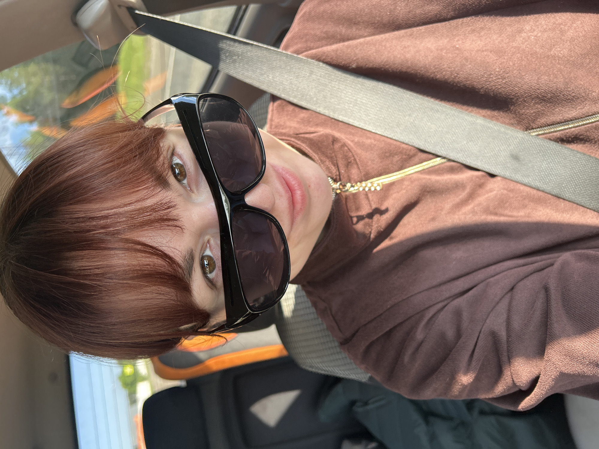 A person, likely a woman, with reddish-brown hair and bangs is captured in a close-up, angled selfie taken inside a car. She is wearing large black sunglasses, which partially obscure her face, though her brown eyes are visible. Her lips are slightly parted, revealing a neutral expression. She is dressed in a brown or mauve-colored velour tracksuit top, distinguished by a gold zipper pull and a prominent gold chain accessory around her neck. A dark grey seatbelt is fastened across her chest.
The scene is set inside a car, likely during the daytime, as suggested by the bright sunlight streaming through the windows. This sunlight creates strong highlights on her clothing and on the car's interior. Reflections of green trees and a clear sky are visible in the car window behind her, indicating an outdoor environment. The person appears to be in the passenger seat. The overall image orientation is rotated, typical of a casual selfie. No visible text is present in the image. This scene takes place in Chaikovsky, Russia.