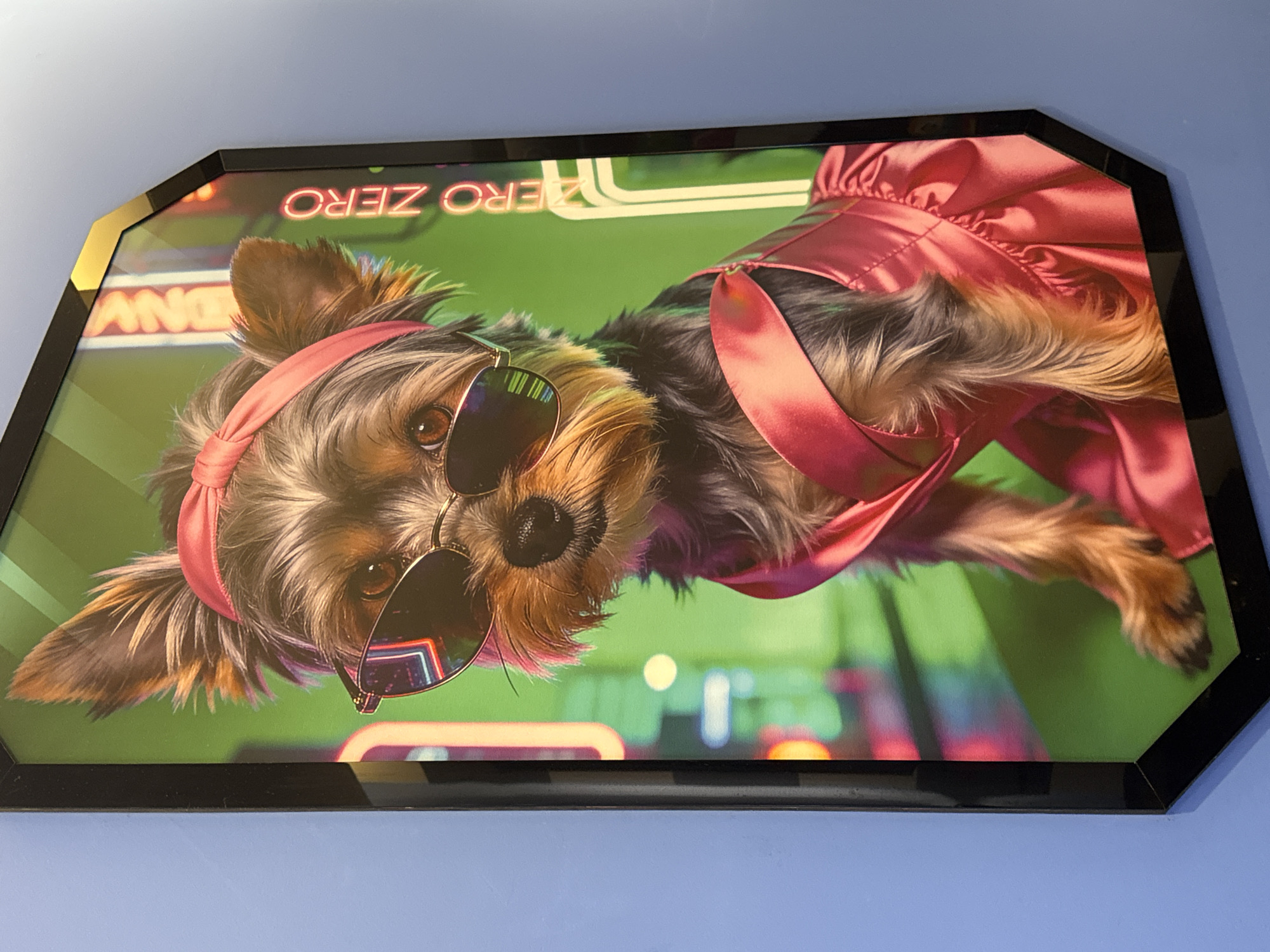 A framed print depicting a Yorkshire Terrier is hanging on a light blue wall. The dog is wearing sunglasses and a pink headband and dress. The background is green with neon signs that read "ZERO ZERO" and "DANGER". The frame is black and has an octagonal shape, with one corner in gold. The print's location in Varna, Bulgaria is not determinable.