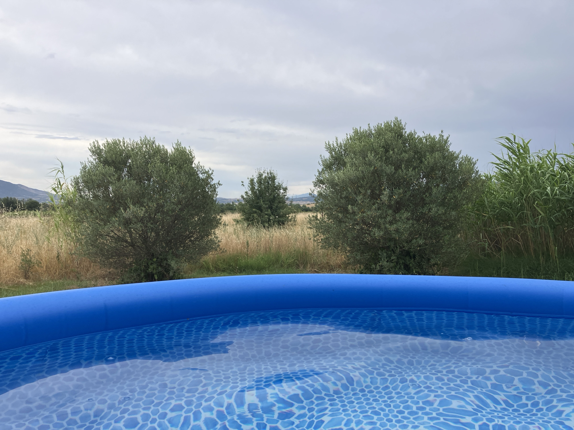 The image depicts a close-up view of the edge of a blue inflatable swimming pool filled with clear water. The water has a mosaic pattern at the bottom and ripples on the surface. In the background, there are green trees, dry grass, and tall reeds. In the far distance, mountains are visible under a cloudy sky. The scene appears to be in an outdoor, possibly rural, setting. No people or specific landmarks of Γαλλικός, Greece are identifiable in the image.