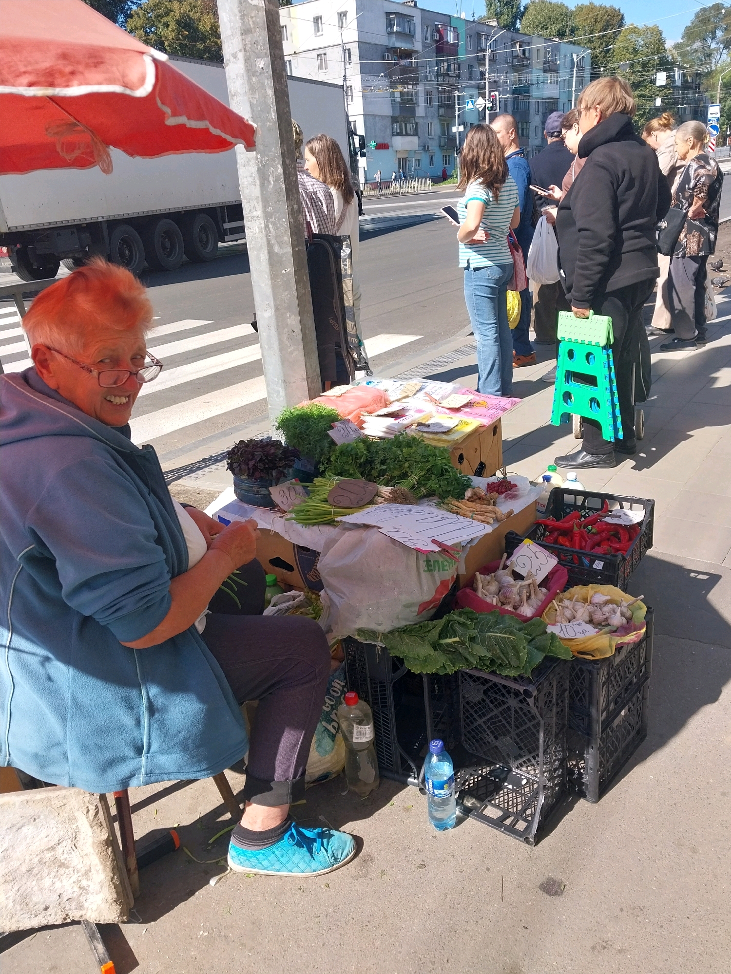 An elderly woman with bright orange hair and glasses smiles at the camera while sitting at a roadside produce stand in Dnipro, Ukraine. She is wearing a blue hooded jacket and dark pants, with blue sneakers. The stand displays various vegetables and herbs, including bundles of greens, garlic, and red peppers. In the background, a busy street with buildings and other pedestrians is visible, suggesting an urban setting. The scene appears to be during the daytime, with sunlight casting shadows on the pavement.