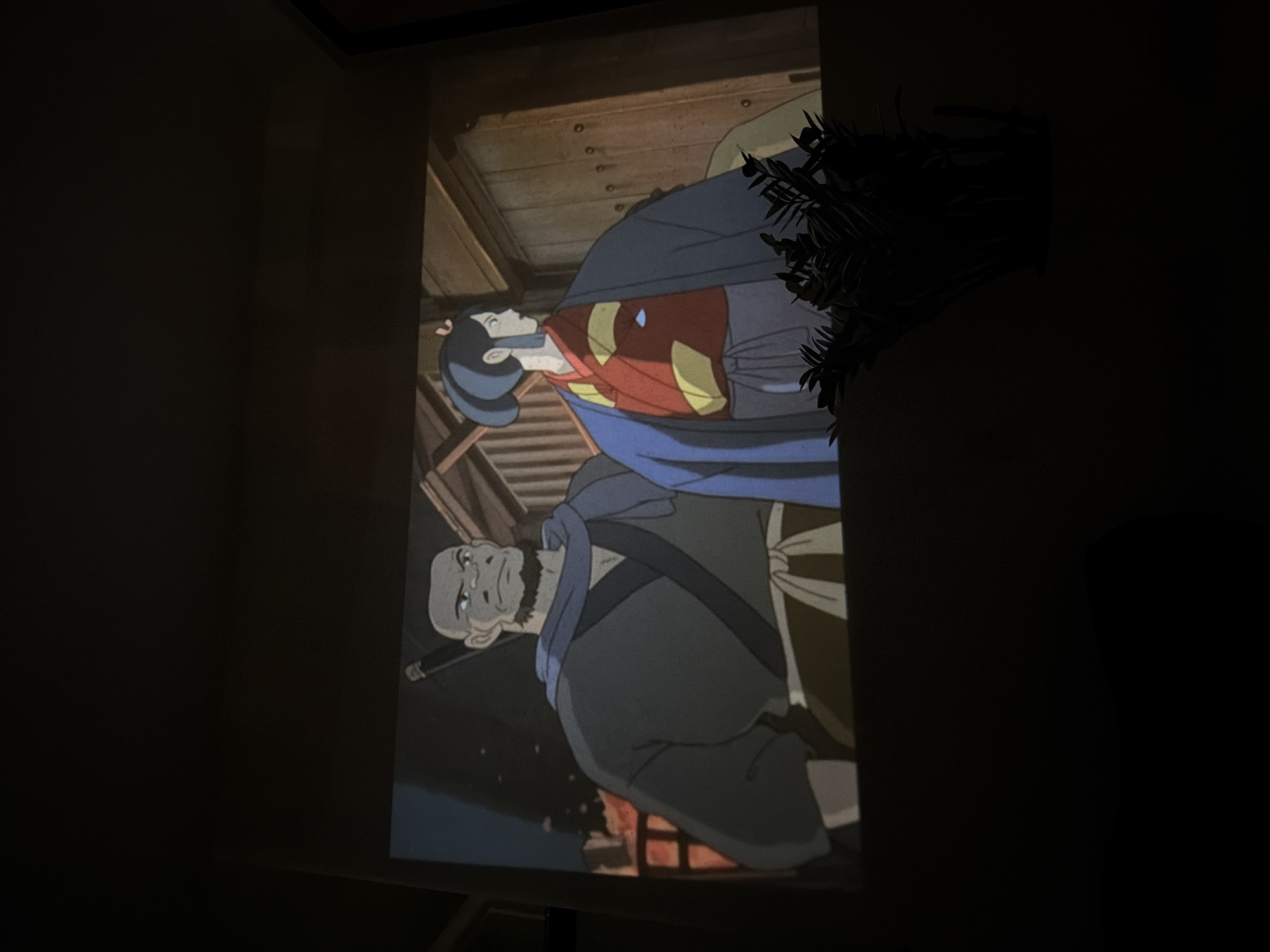 The image shows a projection of an animated scene on a wall in a dimly lit room. The scene features two animated characters: a woman in traditional Japanese clothing lying down and an older man with a beard standing next to her. They appear to be indoors, with a ceiling and other wooden structures visible in the background. Part of a plant is silhouetted in the right of the image, partially obscuring the projection. The exact location in Đà Nẵng, Vietnam cannot be determined based on the visual information alone.