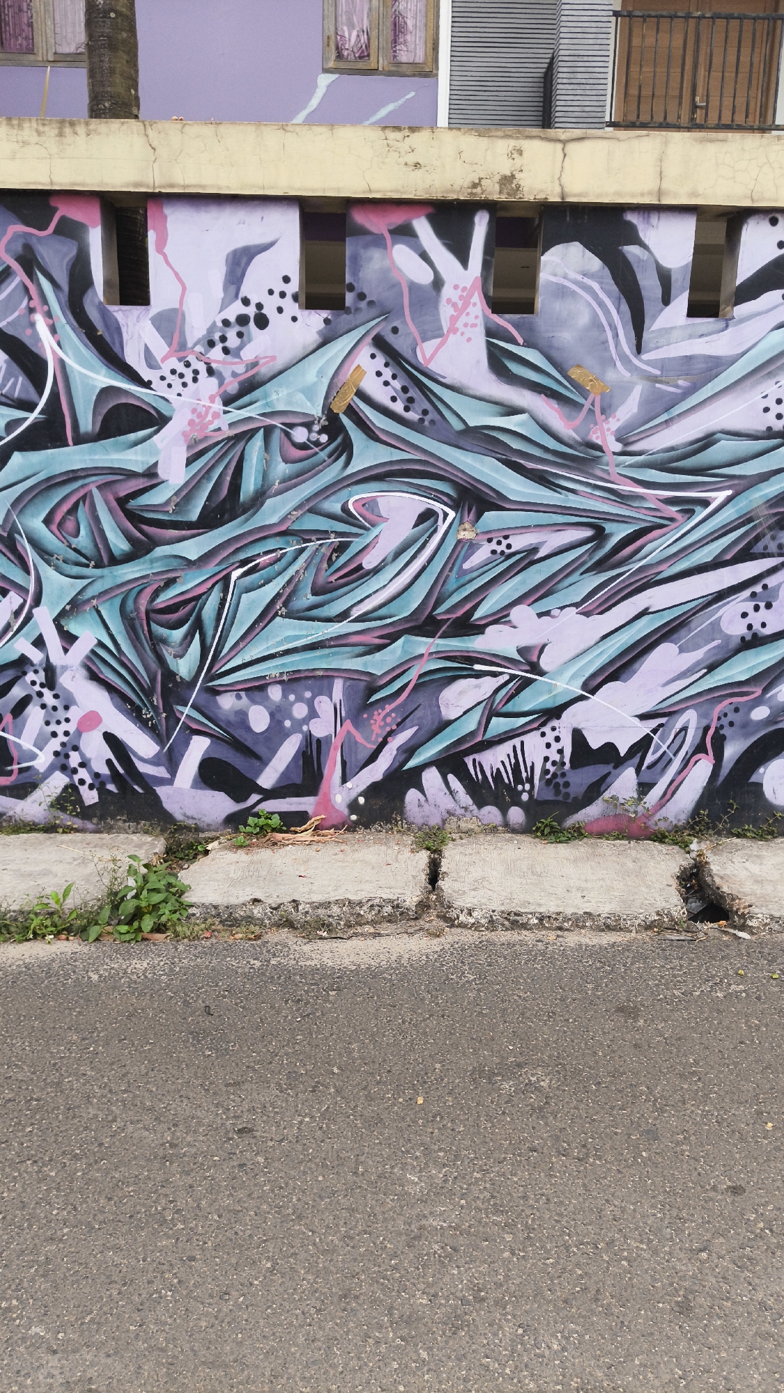 A close-up, eye-level, medium shot captures a section of a concrete wall in South Jakarta, Indonesia, adorned with vibrant graffiti. The artwork features a complex, flowing design in shades of purple, teal, and pink, with black and white accents. The graffiti covers the entire visible wall surface, creating an abstract, dynamic pattern.
The wall itself is textured and shows signs of age, with cracks and chipped paint. Above the graffiti, a cream-colored band runs horizontally, showing further wear and tear. The top portion of the image reveals a glimpse of a building with lavender-colored walls, featuring two windows with visible curtains. To the right, a section of a modern building with gray siding and a balcony with black metal railings is visible.
At the base of the wall, a concrete curb separates the wall from a gray asphalt road. Small green plants and some dry leaves are growing from the cracks and edges of the curb, indicating a natural element intruding into the urban landscape. The road surface is textured and appears well-traveled. No people are present in the frame, and no actions or interactions are depicted. The overall impression is one of urban decay and artistic expression.