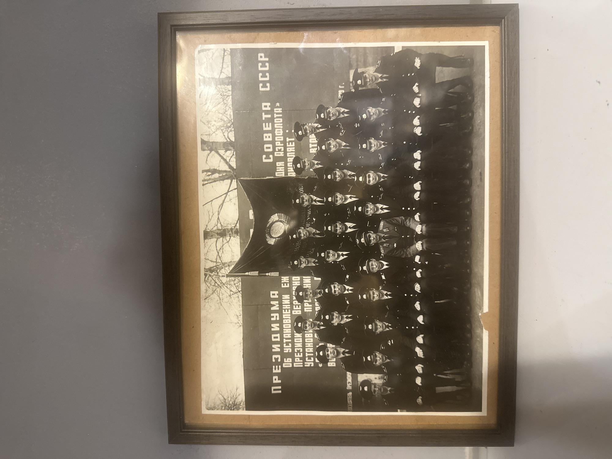 The photograph is a black and white group portrait of approximately 30 men, all wearing uniforms and caps. The men are arranged in rows, with some seated and others standing behind them. They appear to be young adults. In the background, there is a large banner with Cyrillic text and a Soviet emblem. The text on the banner includes "СОВЕТА СССР" (Council of the USSR) and possibly other official or organizational inscriptions. The overall scene suggests a formal gathering, likely an official event or graduation ceremony associated with a Soviet-era institution. The photograph is framed with a dark wooden border. The setting appears to be outdoors, with some trees visible in the background. The context provided about Lapės, Lithuania, does not directly appear in the visual information of the photograph itself.