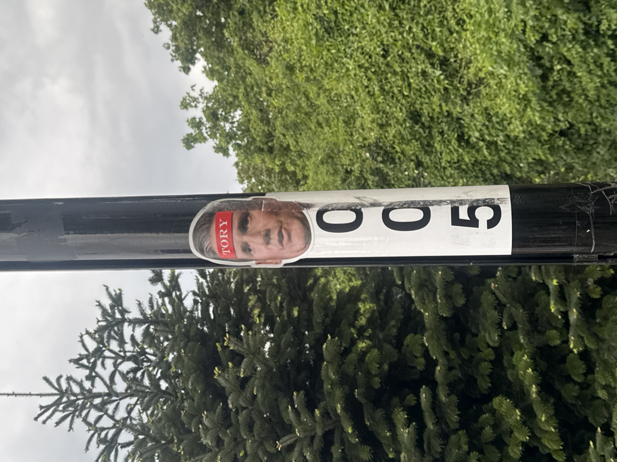 A close-up, tilted shot focuses on a black metal pole in front of a green, leafy background. Adhered to the pole is a white sticker with bold black numbers "500" visible. To the left of the numbers, there's a headshot of a man wearing a red banner across his forehead, displaying the word "TORY." The background consists of green trees and an overcast sky. This photograph likely depicts political commentary or defacement within the city of London, United Kingdom.
