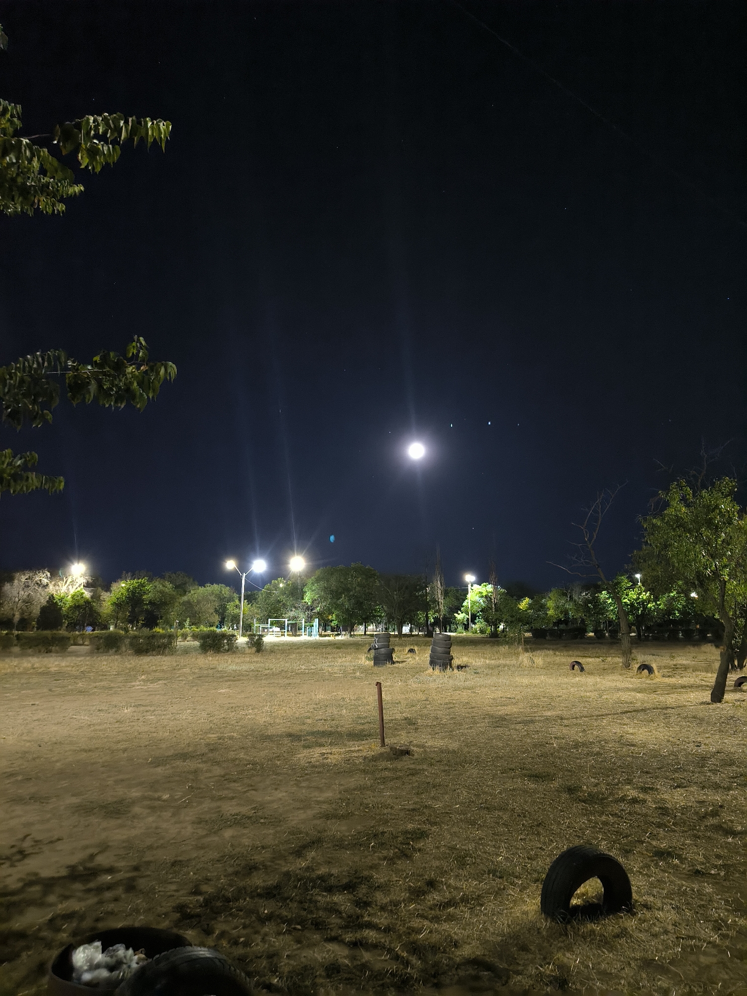 The image depicts an outdoor scene at night, likely in a park or recreational area. The sky is dark blue with a bright full moon prominently visible, along with several stars. Artificial lighting from streetlights illuminates parts of the landscape.
The foreground consists of a dry, grassy area with some scattered debris, including tires and what appears to be a trash can filled with refuse in the lower left corner. A single red post stands upright in the middle ground.
Further back, a line of trees forms a dense backdrop, with some of them lit by the streetlights, revealing their foliage. Beyond the trees, there are structures that resemble playground equipment. Several stacks of tires are scattered throughout the mid-ground.
The overall impression is one of a slightly unkempt, open space at night, illuminated by the moon and artificial lights. The environment suggests a public area that might be used for recreation.
While the image itself does not contain specific visual cues to definitively place it in Mykolaiv, Ukraine, if this location is indeed Mykolaiv, it could be a park or a public space within the city. Without additional context or identifying landmarks within the image, such a specific localization remains an assumption.