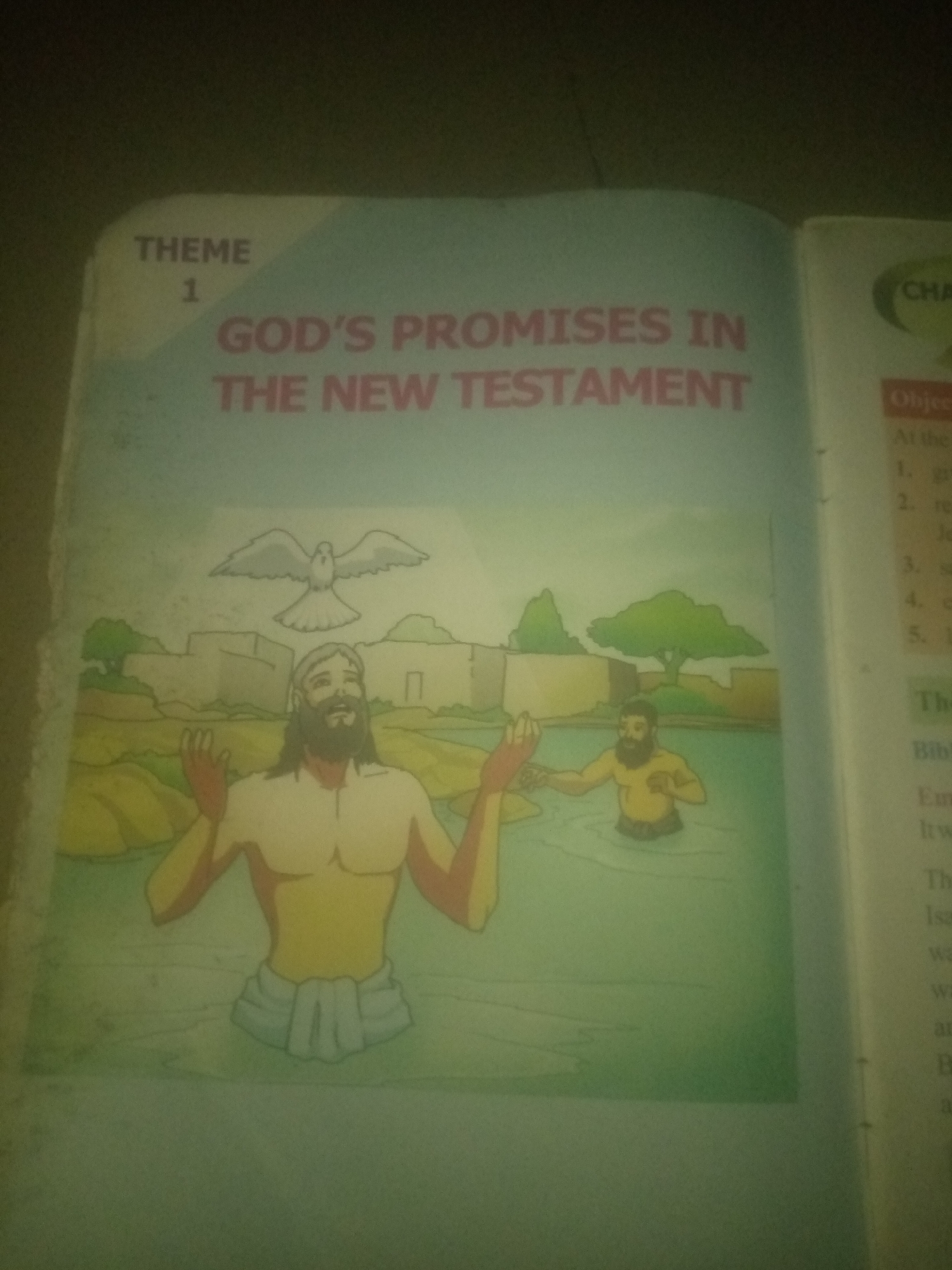 The image shows a book open to a page with illustrations and text. The page on the left has the heading "THEME 1" above the title "GOD'S PROMISES IN THE NEW TESTAMENT". Below this text is a colored illustration depicting a biblical scene. Two figures are in water. The figure on the left, appearing to be an adult male with a beard, is partially submerged and has his arms raised. A white dove is shown flying above his head. The figure on the right, also in the water, is smaller and appears to be a child. In the background, there are simplified depictions of buildings and trees.
The page on the right of the book contains text, some of which is visible. At the top right, a green circle contains the word "CHA". Below this, the word "Objec" is visible, followed by a numbered list. Further down, "The" is visible, then "Bibl", and then "Em". The text suggests this is likely an educational or religious book.
There is no information in the image that relates to the city of Jauro Yinu, Nigeria.