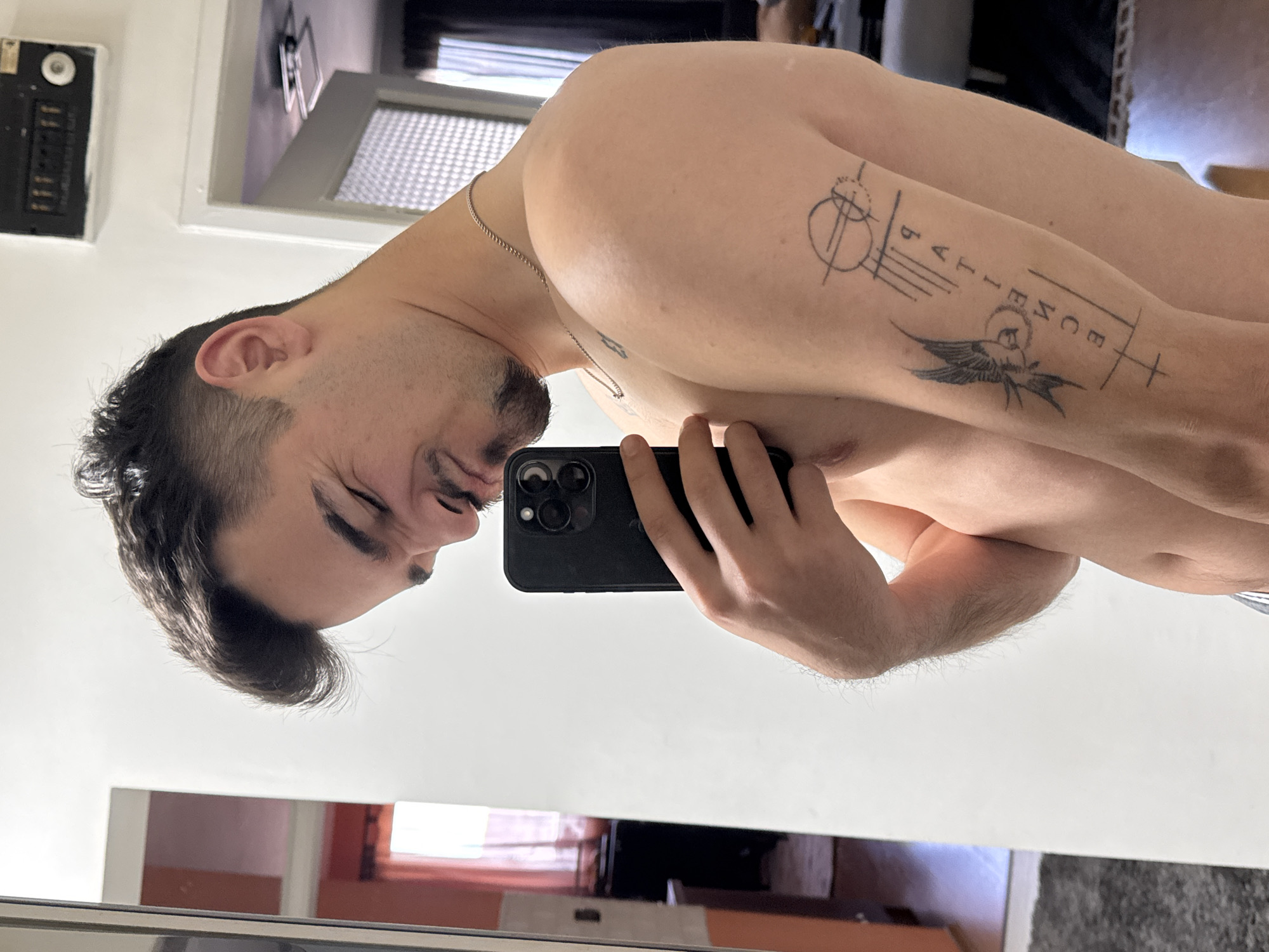 A man stands in front of a mirror, holding a black smartphone up to take a selfie. He has dark hair, a trimmed beard, and is wearing a silver chain around his neck. Tattoos are visible on his upper arm; one includes the word "PATIENCE" with an illustration of a bird. The man is shirtless, showing his torso and part of his arm. The environment includes a white wall and a partial view of a room reflected in the mirror, with a window and curtains visible in the background. The location is possibly Sofia, Bulgaria, but there's no verifiable information to definitively confirm the location within the image.