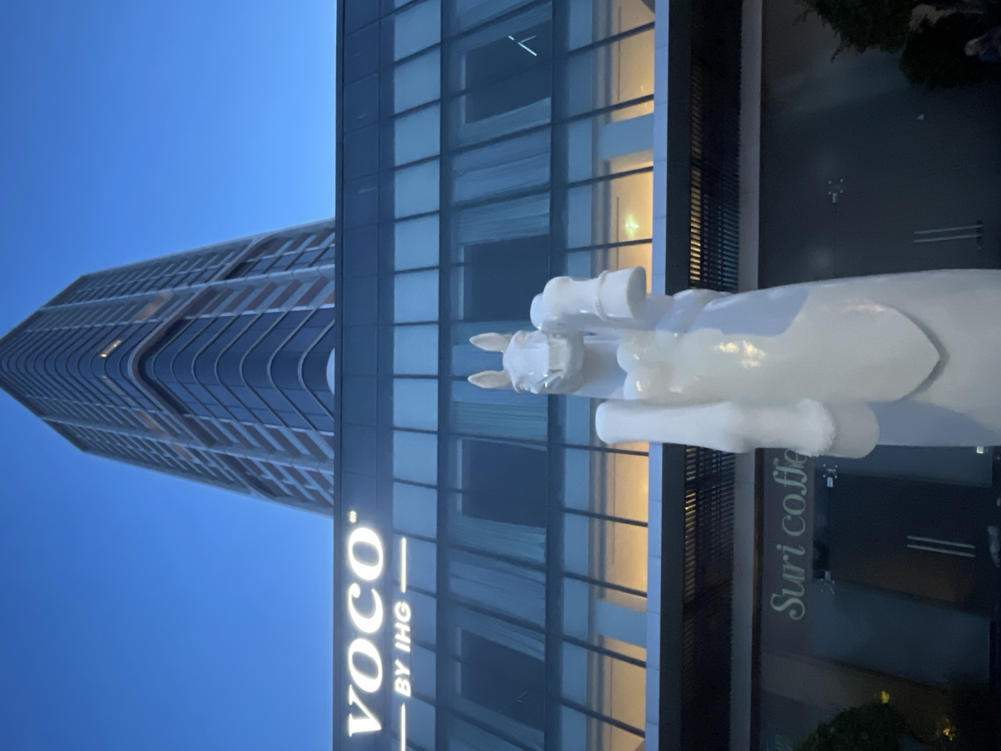 A low-angle outdoor shot shows a white horse sculpture in the foreground, positioned in front of a modern building with a dark glass facade. The building features the illuminated "VOCO BY IHG" logo. Above the entrance, a row of windows is visible, with some showing interior lighting and curtains. The building's architecture is contemporary, with a sleek, multi-story design that curves upward. In the background, a tall skyscraper with a similar glass facade dominates the skyline against a deep blue twilight sky. The sculpture of the horse is stylized, with a smooth, abstract form and large, prominent ears. The inscription "Suri coffe" is visible on the lower part of the building's facade. The overall scene suggests a hotel or commercial establishment in an urban setting.