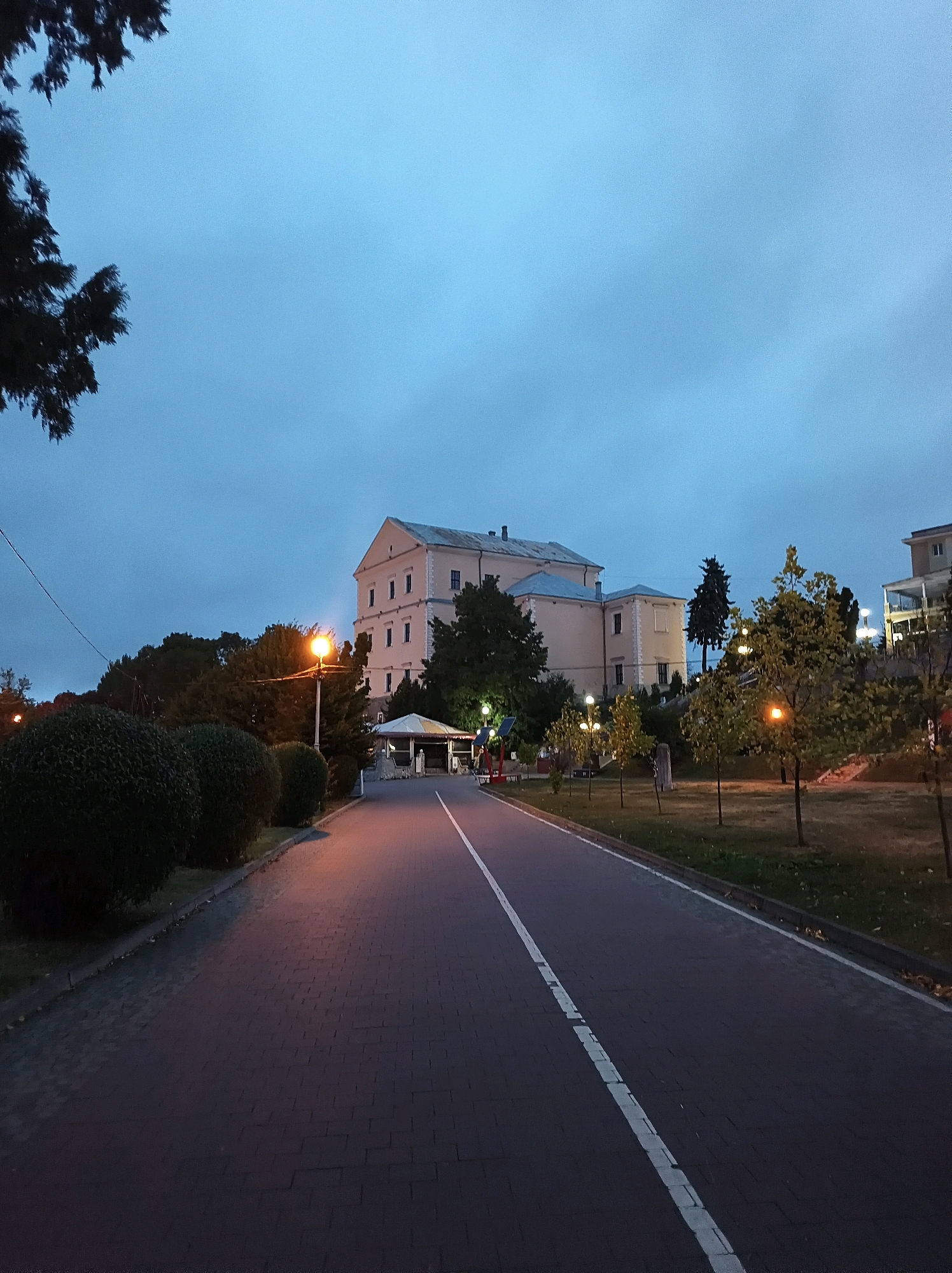 The image depicts an evening view of a paved walkway leading towards a light-colored, multi-story building. The walkway is bordered by manicured bushes on the left and a grassy area with trees on the right. Streetlights illuminate parts of the walkway and the surrounding environment. The building in the background appears to be a hotel or administrative building. The sky is overcast, suggesting dusk or a cloudy day. The location is identified as Ternopil, Ukraine. There are no visible people in the scene.