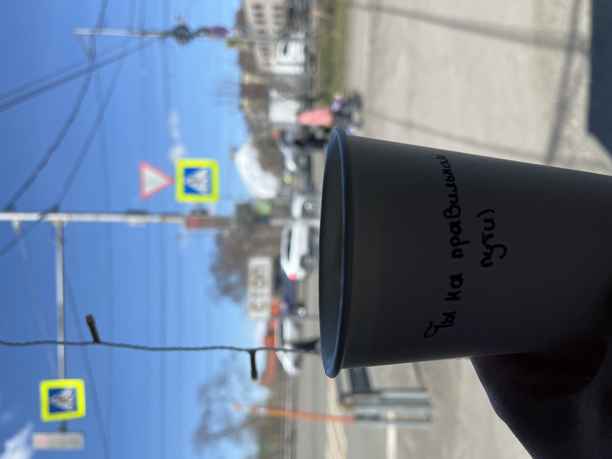 The image shows a cup with Russian writing on it, held up against a blurred street scene. The writing on the cup says "Ты на правильном пути", which translates to "You are on the right path". In the background, there are street signs, including one with a pedestrian crossing symbol. Cars and buildings are visible but out of focus. The location appears to be Petropavlovsk-Kamchatsky, Russia, based on the street signs and architectural style. There is a power line with an insect resting on it.