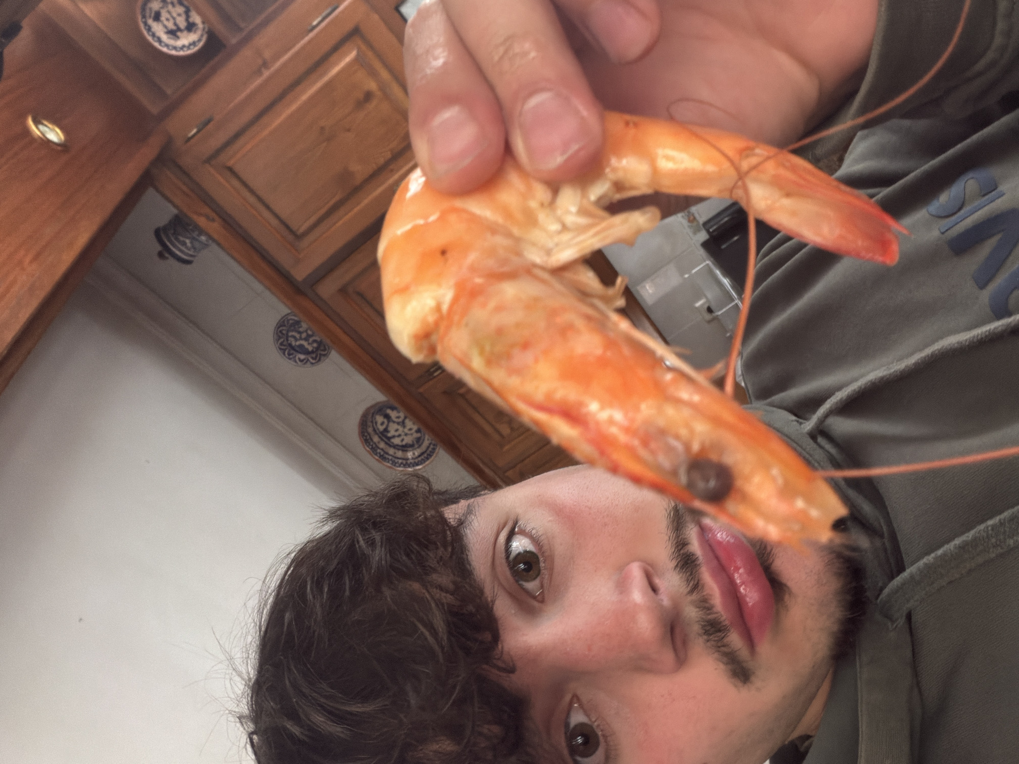 A person holds a cooked shrimp in front of their face. The background shows a kitchen with wooden cabinets and blue and white decorative plates on the wall. The person appears to be wearing a grey or green hoodie.
I cannot determine the location is Vila Real, Portugal, from the image provided.