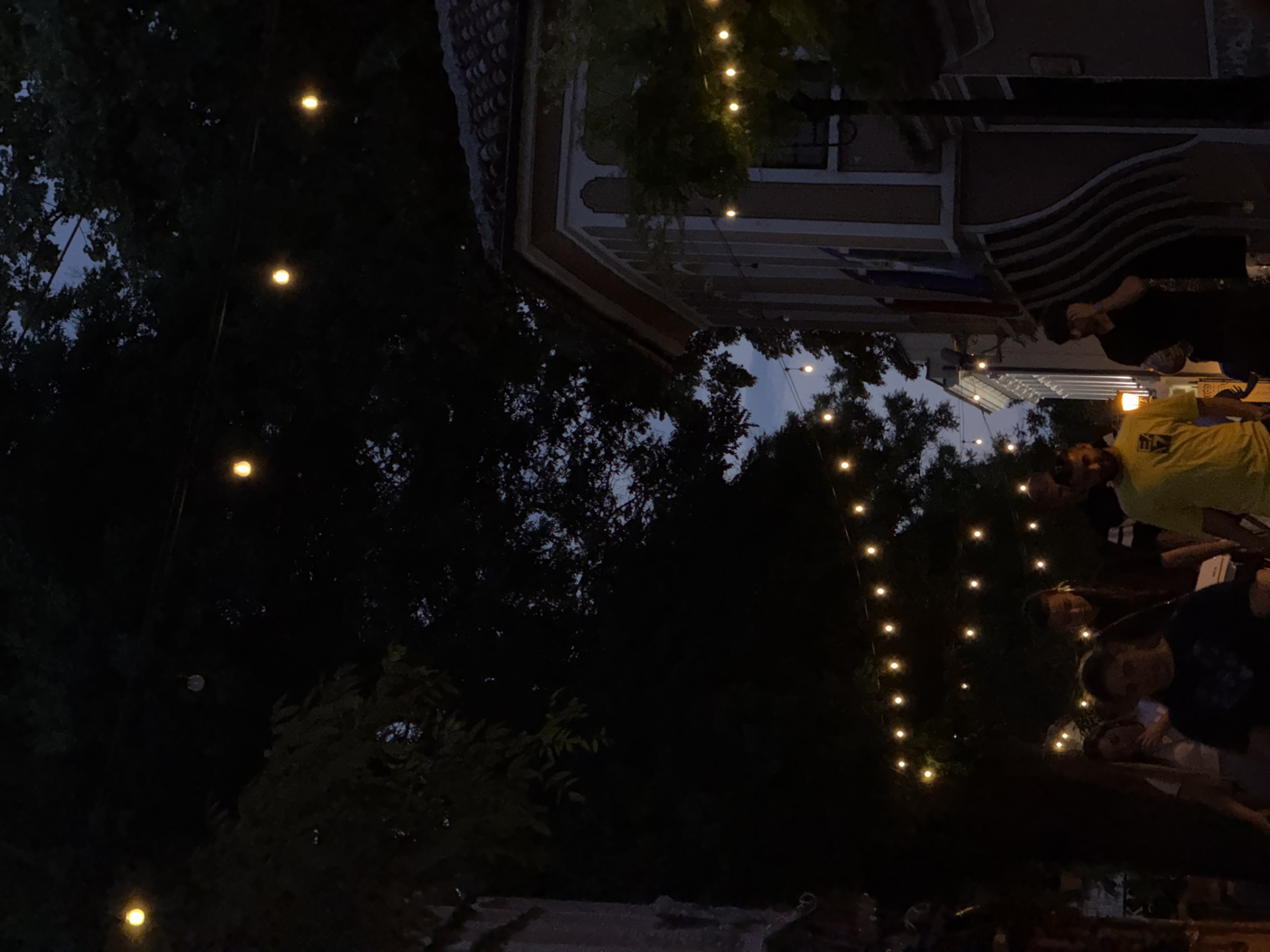 The image depicts an outdoor evening scene, likely in Plovdiv, Bulgaria, with people gathered. The setting appears to be a casual outdoor area, possibly a garden or a patio, illuminated by strings of warm, glowing fairy lights. The time of day is evening or night, as evidenced by the dark sky and the prominence of the artificial lighting.
Several individuals are visible, though their faces are not always clearly discernible due to the low light and the angle of the photograph. Some are seen standing and interacting, while others are partially obscured by the darkness and foliage. One person in the foreground is wearing a bright yellow t-shirt with some text that is difficult to read. Another person is wearing a black t-shirt.
The environment is filled with trees, suggesting a natural or semi-natural setting. In the background, there are glimpses of buildings with distinctive architectural details, including a tiled roof and ornamental features, which might hint at the location being in an older part of the city. The overall atmosphere seems relaxed and social, with the fairy lights creating a festive and cozy ambiance for the gathering. The weather appears to be calm, suitable for an outdoor event.