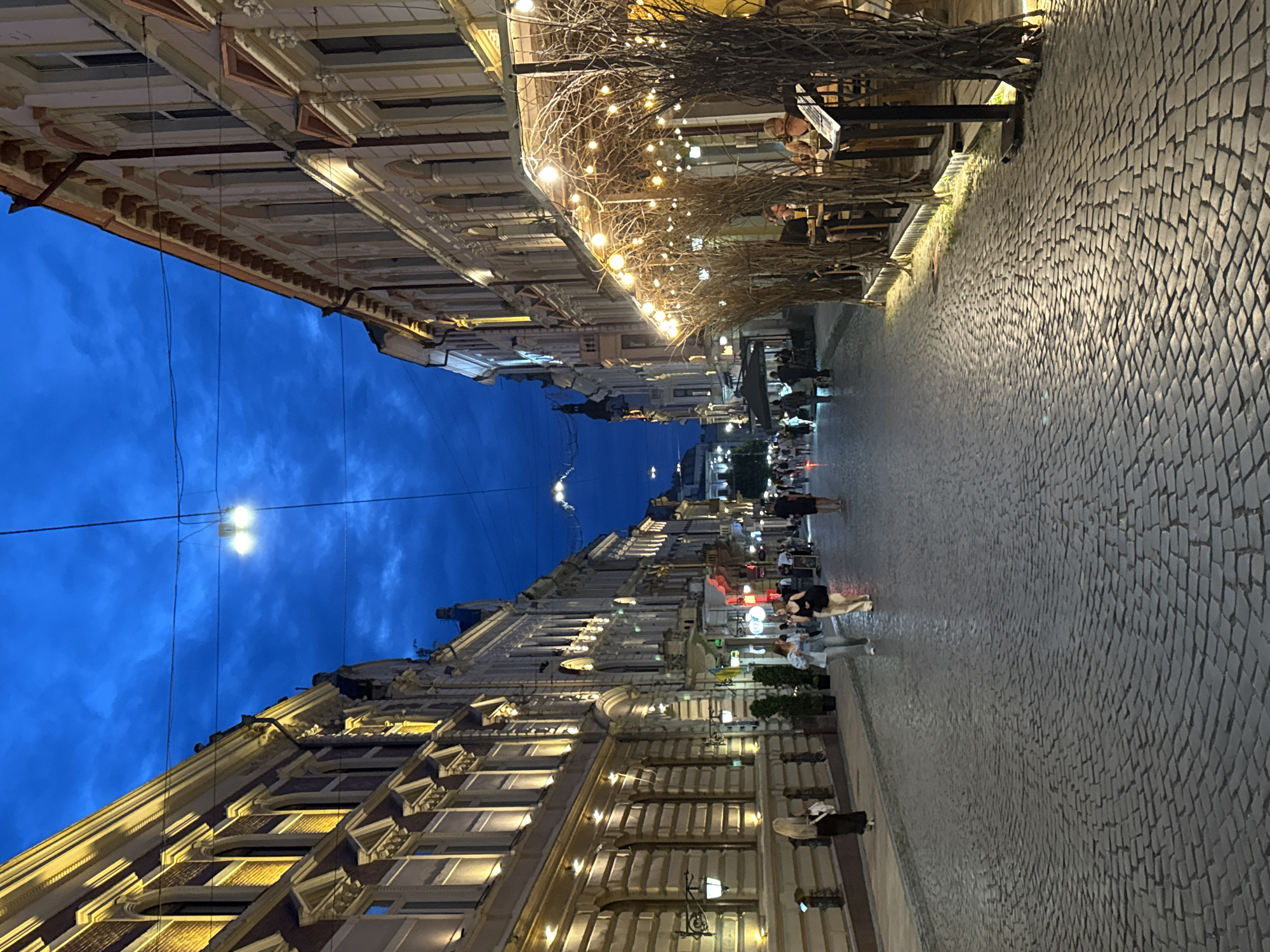 The image shows a cobblestone street in Chernivtsi, Ukraine, at dusk. On the left, a historic building with ornate architecture is illuminated by warm lights. On the right, an outdoor cafe with string lights and natural decor, likely decorated with branches and reeds, is bustling with activity. Several people are visible walking along the street or seated at the cafe. The sky is a deep blue, indicating the transition from day to night, and power lines are visible overhead. The street is paved with grey cobblestones, creating a textured surface that reflects the ambient light. The scene suggests a lively evening atmosphere in the city center.