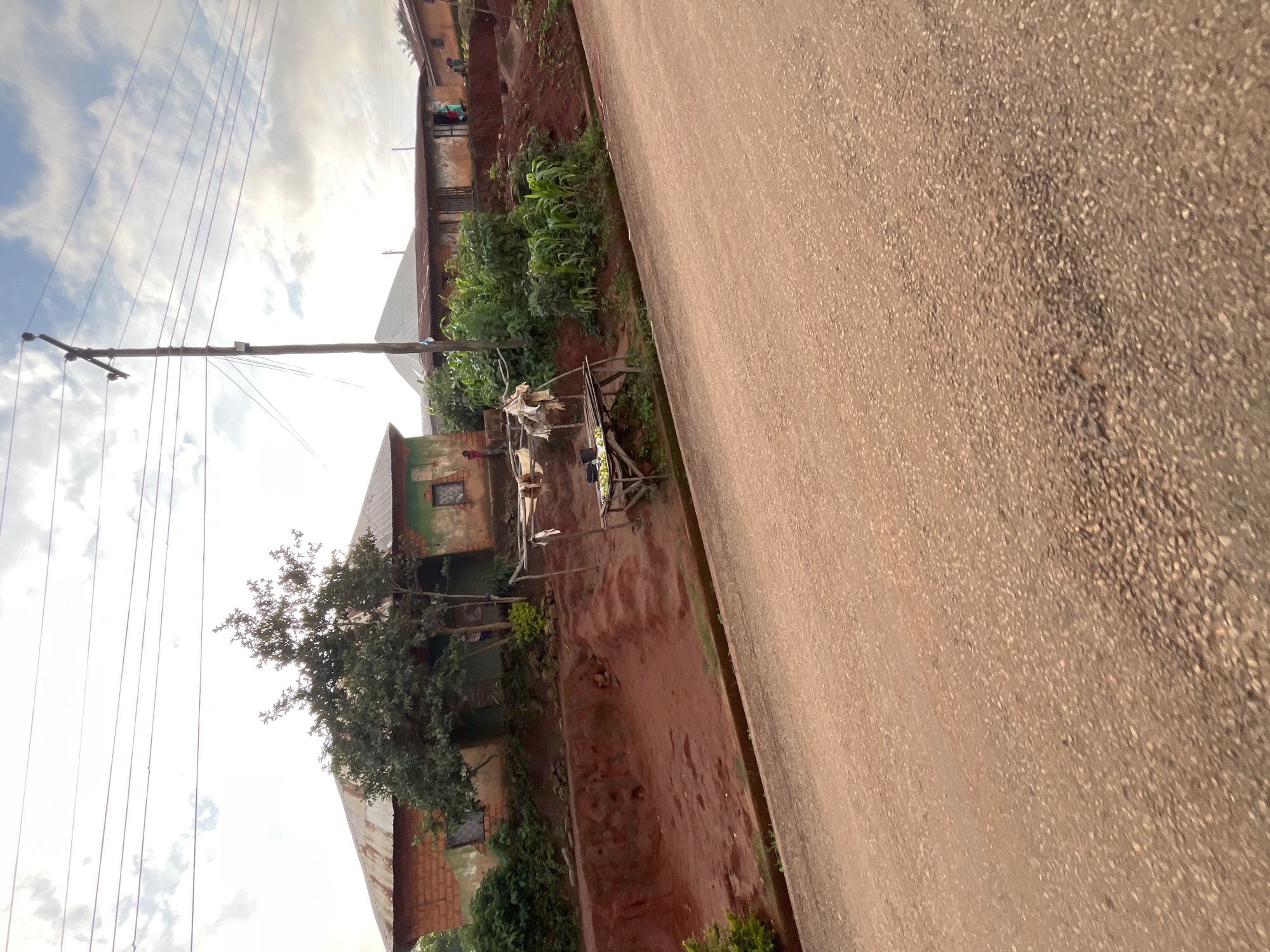 A frontal, low-angle, full shot captures a dirt road in front of a village, possibly in Gembu, Nigeria. The sky is overcast with scattered clouds. A wooden utility pole with wires runs vertically on the right side of the image. In the middle ground, several brick and mud houses with corrugated metal roofs are visible, some with green paint and barred windows. A small, rustic wooden stand is set up in front of one of the houses, displaying some items for sale. Lush green vegetation, including corn stalks, surrounds the structures. The foreground is dominated by the dirt road, which appears to be the primary thoroughfare.