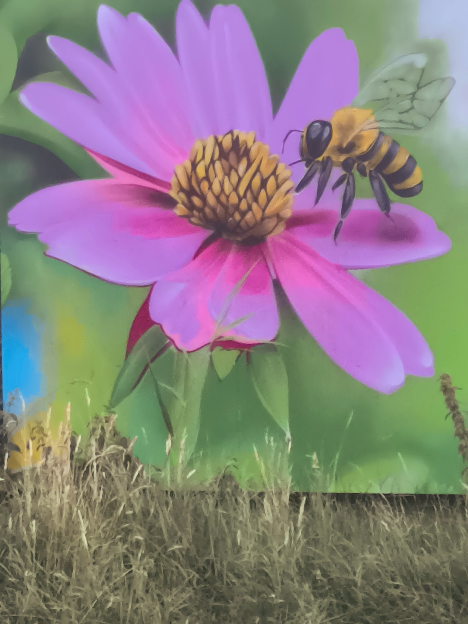 The image depicts a close-up, vibrant painting of a bee on a pink flower, set against a blurred green background. The bee, with its characteristic yellow and black stripes and translucent wings, is positioned on the flower's disc florets, suggesting it is collecting nectar or pollen. The flower, likely a type of daisy or coneflower, has delicate pink petals radiating outwards from a textured, golden-brown center.
The foreground of the painting features a detailed representation of dry, brown grass and vegetation, which adds a naturalistic element to the scene. This grassy area creates a textural contrast with the smooth, painted surface of the flower and bee. The background is a soft wash of greens and blues, with hints of yellow, implying foliage and perhaps a hint of sky, creating a shallow depth of field that keeps the focus on the main subjects.
The style of the painting is realistic, with soft brushstrokes that give it a slightly impressionistic feel. The lighting appears to be natural, casting subtle shadows and highlighting the textures of the flower and bee. There are no discernible people, text, or specific time-of-day or weather indicators, beyond the general impression of a sunny outdoor environment conducive to bee activity. The setting is a natural outdoor scene, likely a garden or meadow. Given the location context of Almere, Netherlands, this artwork could be a mural or part of a public art installation depicting local flora and fauna. The overall mood is one of peaceful observation of nature's intricate details.