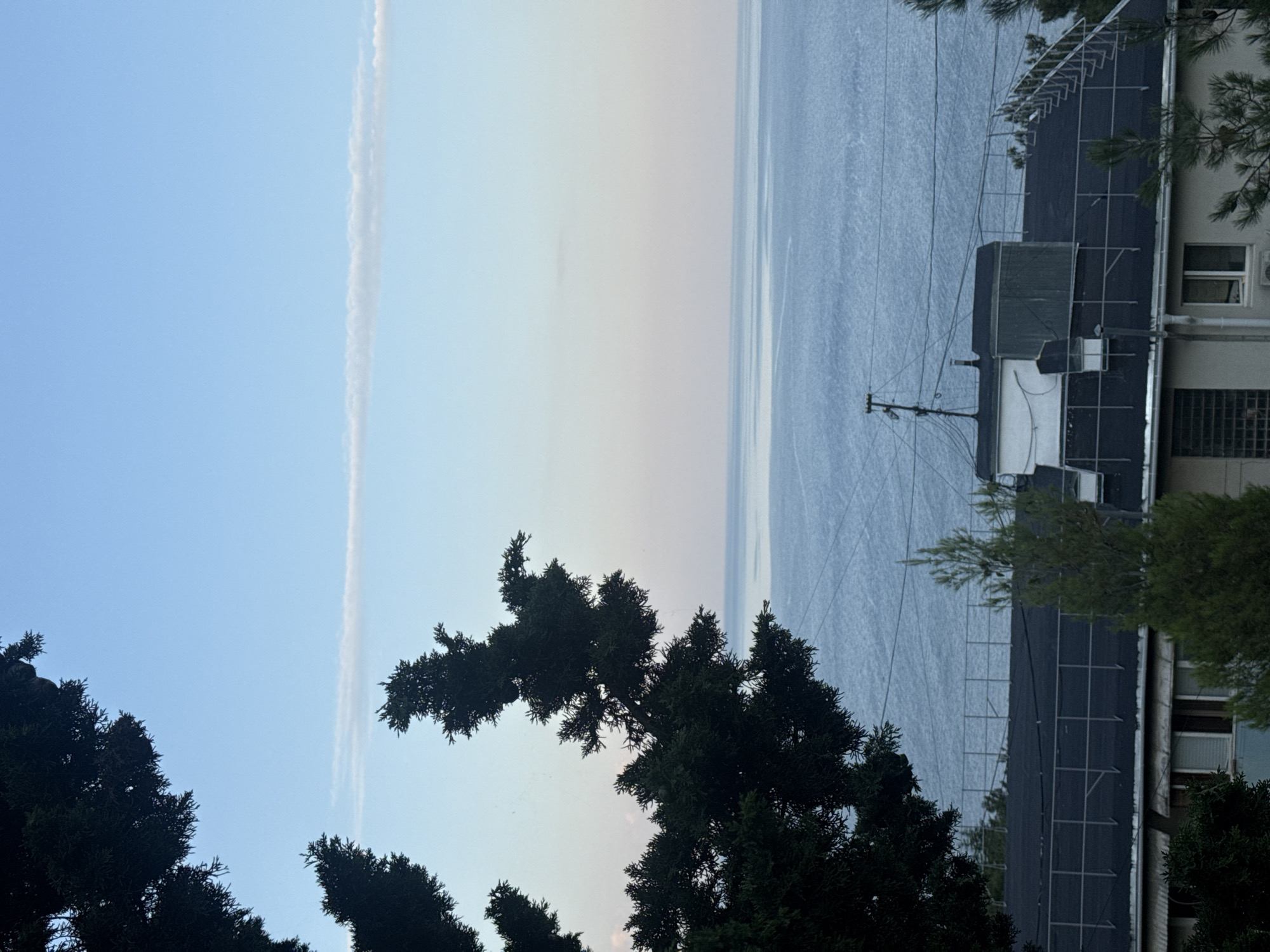 The image depicts a view of the sea from a building's rooftop in Partenit, Ukraine. The sky is clear with a faint horizontal cloud streak. In the foreground, dark green coniferous trees frame the left side of the image. Below them, a building with a dark roof, satellite dishes, and ventilation units is visible. The sea stretches out to the horizon, appearing calm with subtle ripples. The overall scene suggests a serene coastal setting.