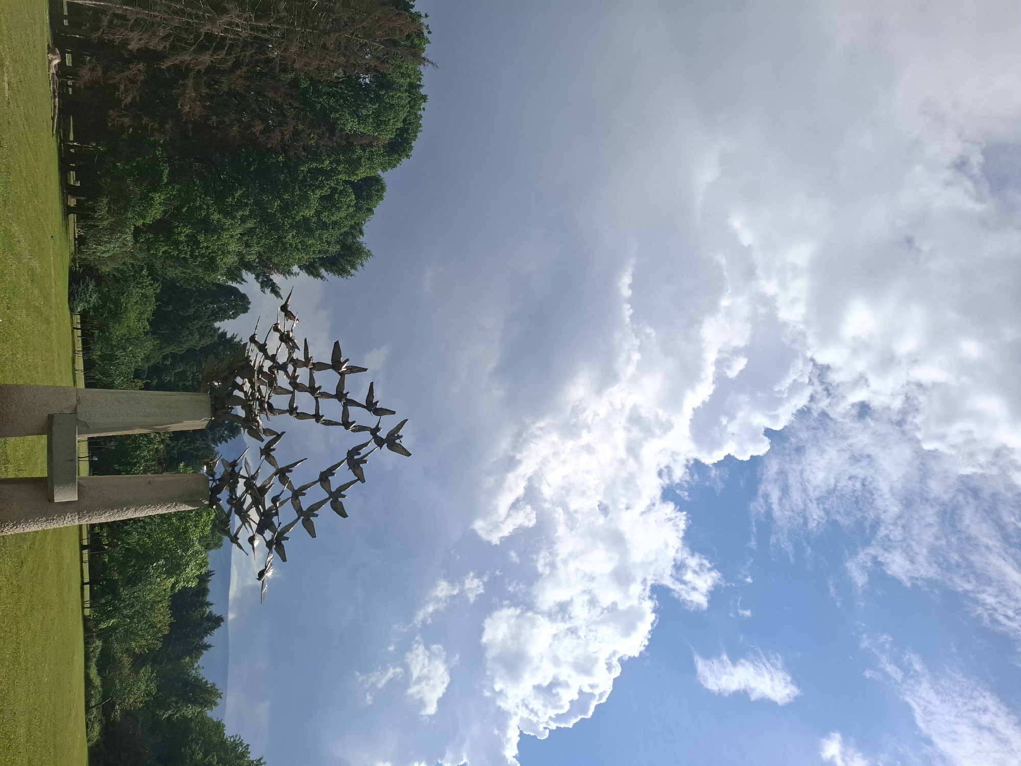 The image shows a public park with a sculpture of birds in flight. The sculpture is made of metal and is mounted on two stone pillars. It is located in a green, grassy area with trees in the background. The sky is blue with some clouds. The sculpture appears to be the Monument of the Aviation in the city of Sofia, Bulgaria.