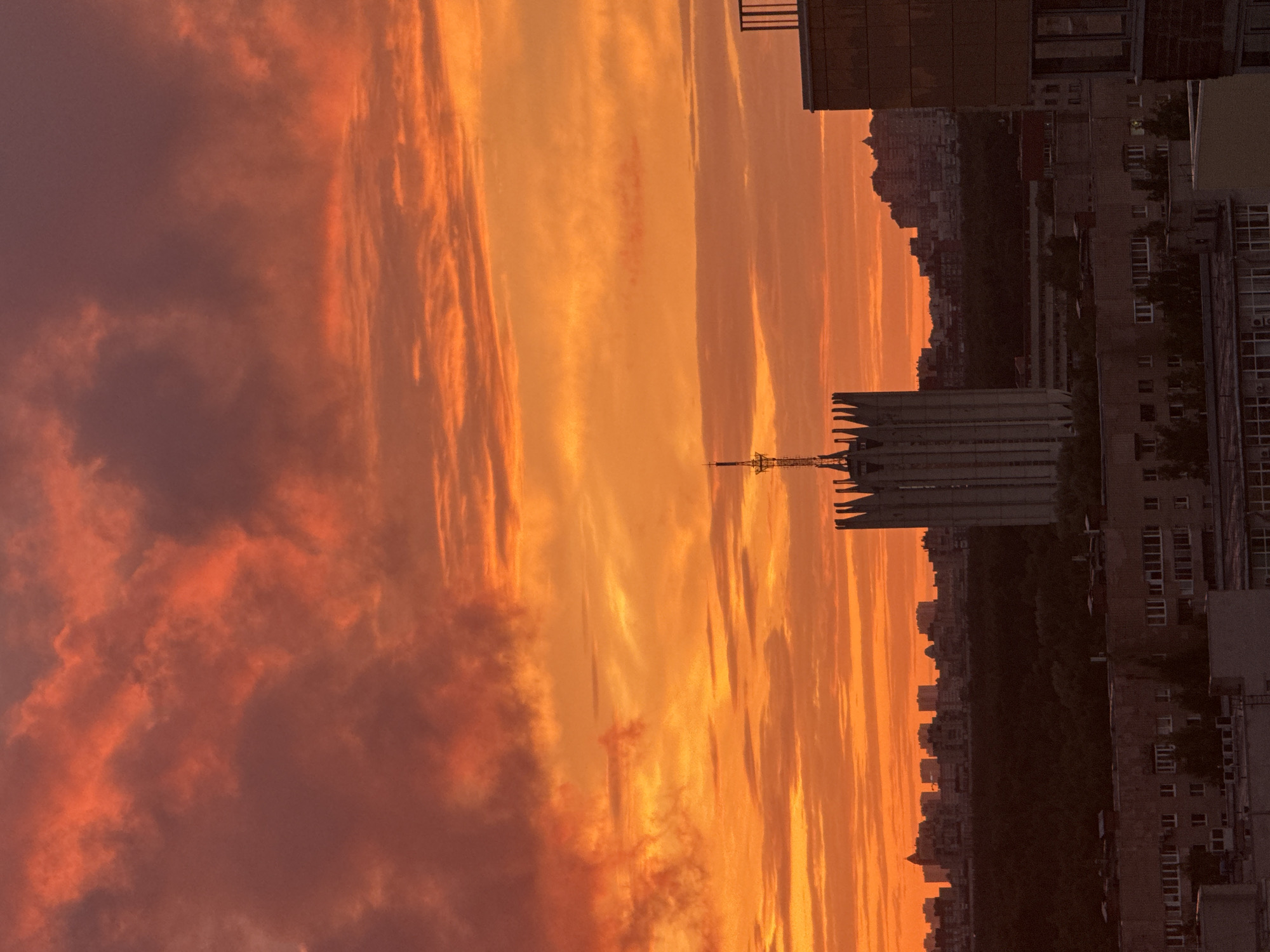 The image depicts a dramatic sunset over a city, characterized by vibrant orange and red hues in the sky. A distinctive, tall, spire-like building dominates the mid-ground, with a silhouette of a dense forest separating it from a cluster of lower-rise buildings in the foreground. The background reveals a cityscape with multiple buildings of varying heights, suggesting an urban environment. The overall scene conveys a sense of twilight in a Russian city, with the intense colors of the sky creating a striking visual contrast with the man-made structures.