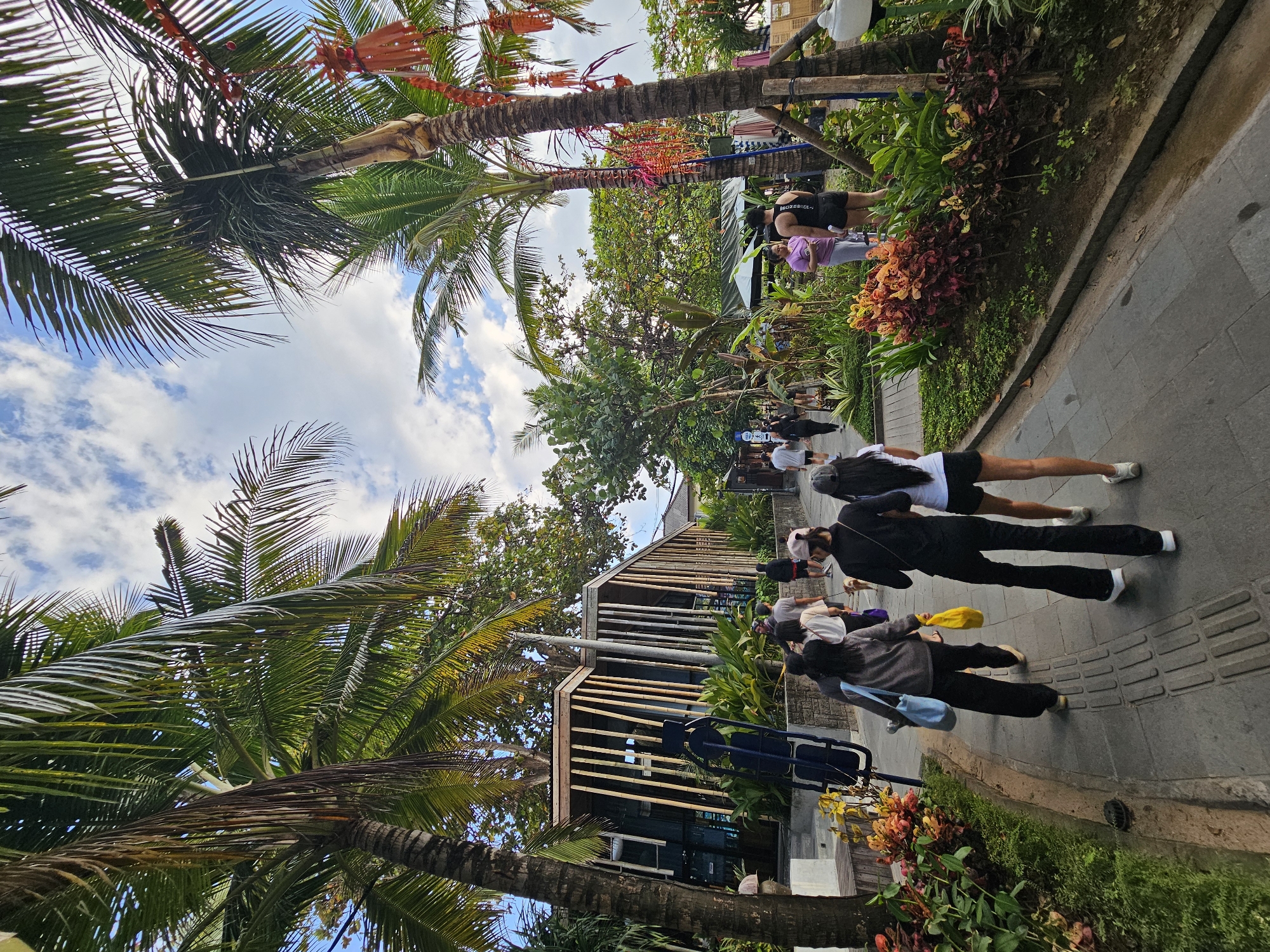 The image depicts a lively outdoor scene, likely a commercial area or a promenade, near a contemporary building with a distinctive facade of vertical bamboo elements. In the foreground, a paved walkway is bordered by lush greenery and flowering plants. Several people are walking along the path.
To the left, a person with long black hair wearing a white t-shirt and black shorts walks away from the camera, accompanied by another person. In front of them, two individuals are walking together: one in a black long-sleeved top and black flared pants, and the other in a black top and black shorts. Another person, in a gray top and dark pants, carries a yellow bag and a blue tote bag over their shoulder. Further ahead, a group of people are seen walking towards a building.
The environment is characterized by tall palm trees with fronds reaching towards a partly cloudy sky. Some of the palm trees have decorative hanging ornaments in vibrant colors. The building in the background appears to be a restaurant or shop, with large windows and a wooden slatted exterior. The overall atmosphere suggests a warm climate and a relaxed, pedestrian-friendly setting. The architectural style of the building, with its prominent use of bamboo, is consistent with modern resort or hospitality design found in areas like Denpasar, Indonesia, particularly in tourist-frequented zones.