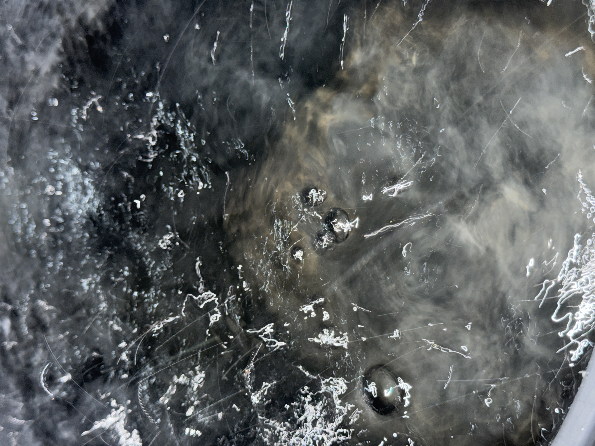 The image presents a macro view of what appears to be a murky liquid surface, possibly water, with a mix of dark and light tones. Streaks, swirls, and tiny air bubbles are visible, creating a dynamic pattern. The background is blurred, suggesting shallow depth of field. The location is not discernable from the visual elements of the image.