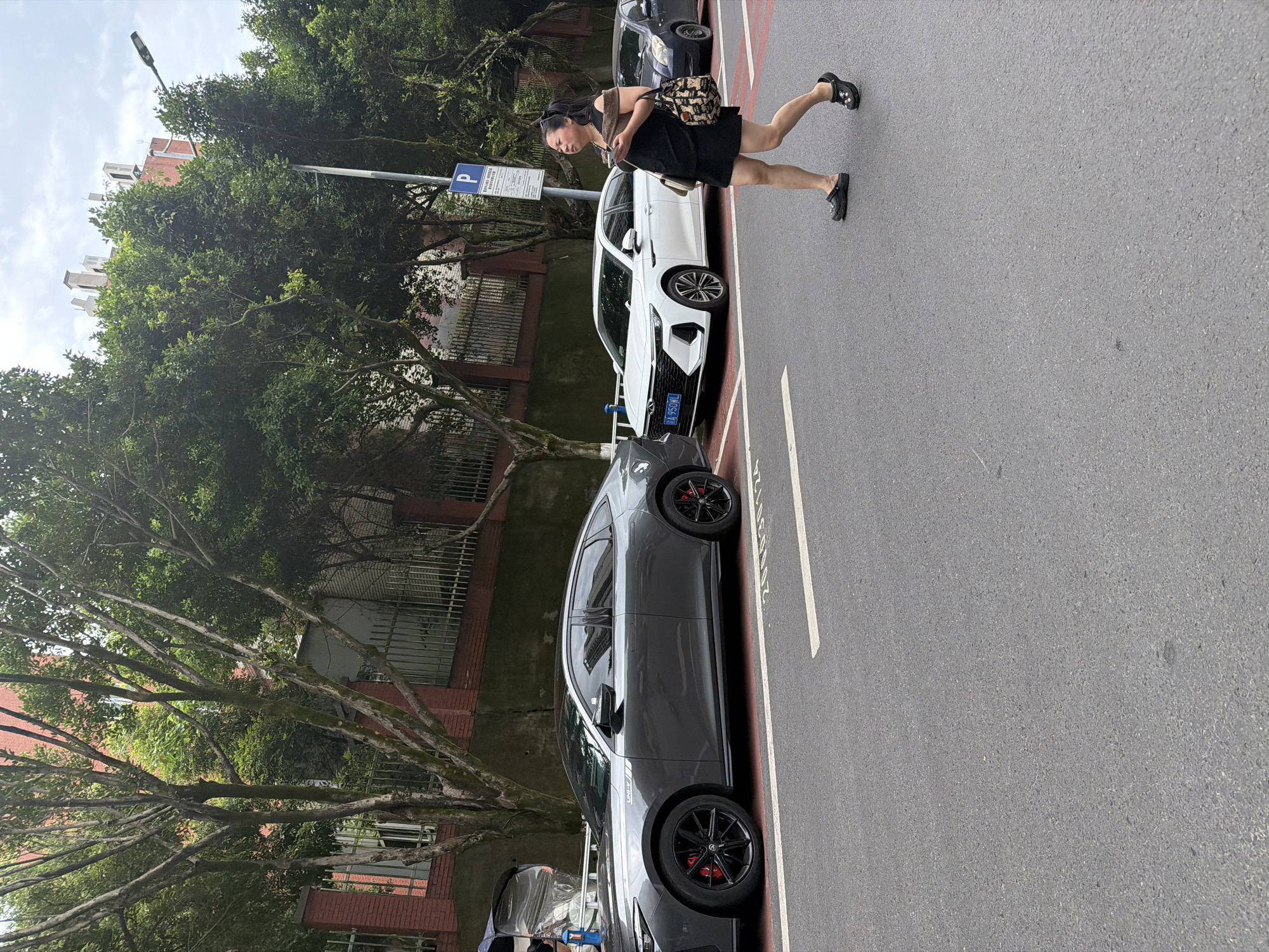 A woman is walking on a street in the city of Chongqing High-tech Zone, China. She is wearing a black dress and carrying a patterned bag. The street has parked cars. There are trees and buildings in the background.