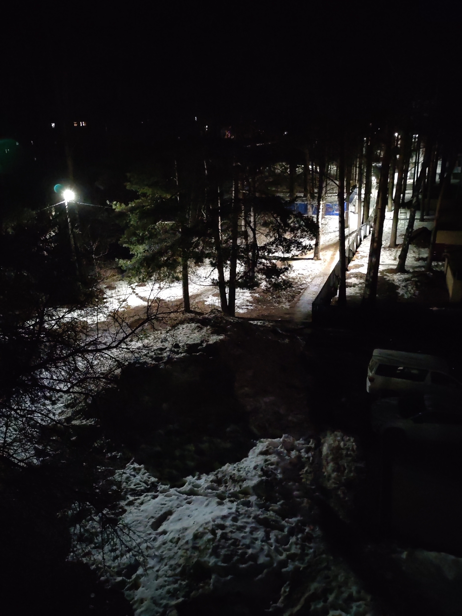 The image shows an outdoor night scene in Chaikovsky, Russia, where snow is present on the ground. A street lamp illuminates a path or walkway through a wooded area. A line of trees is visible along the path, and what appears to be a building and a vehicle are present to the right of the frame. Additional trees and a distant light source are visible in the background.