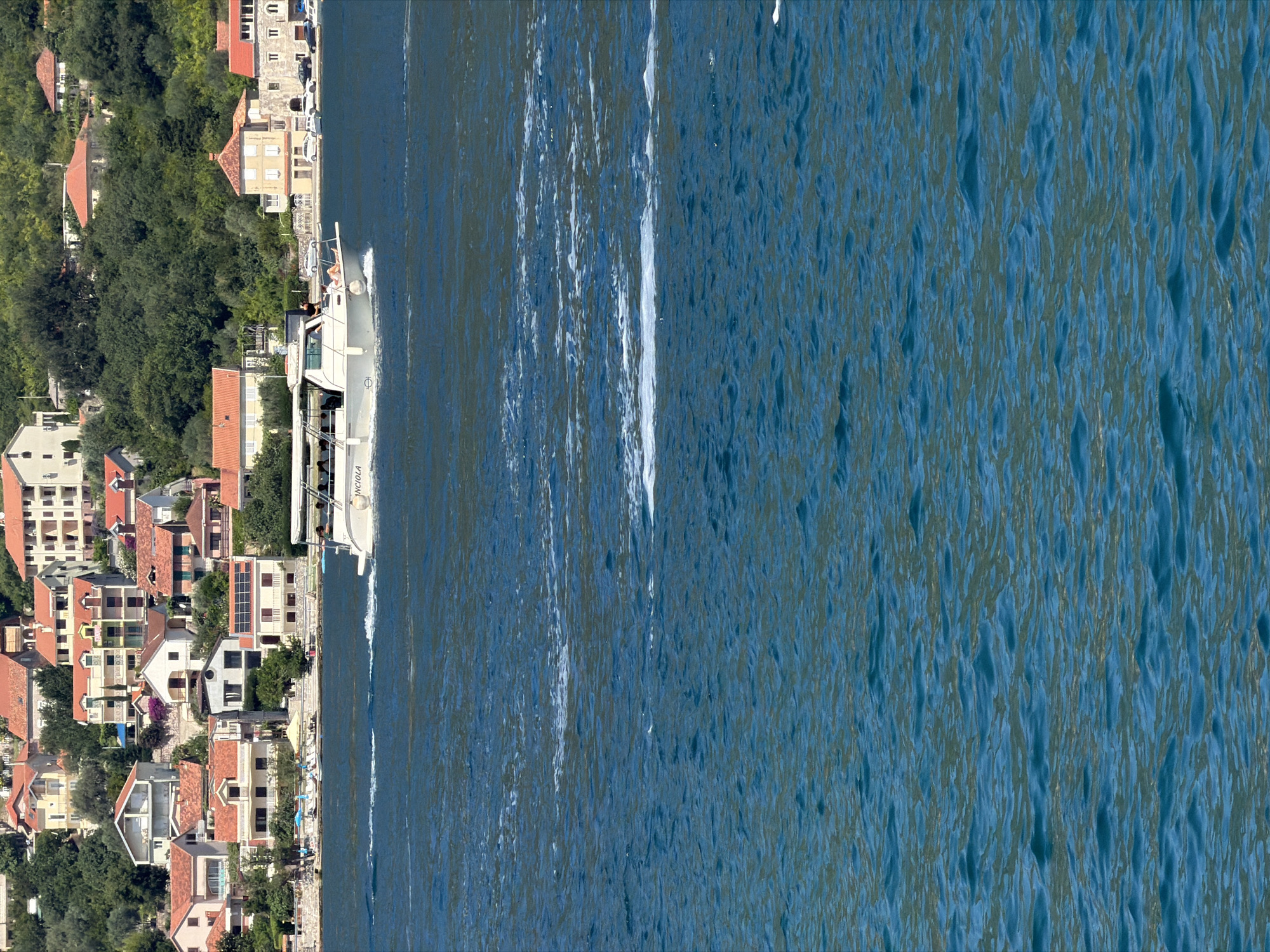 In Lepetane, Montenegro, a white motorboat traverses the azure waters, leaving a foamy wake. The boat, identified by the name "ANCICOLA" visible on its hull, carries several passengers. In the background, a densely populated hillside is adorned with numerous houses, characterized by their terracotta roofs and white or cream-colored facades. Some houses are situated directly on the waterfront, while others ascend the gentle slope of the hill, interspersed with lush green trees. The scene captures a serene moment of travel and coastal living in a Mediterranean setting.