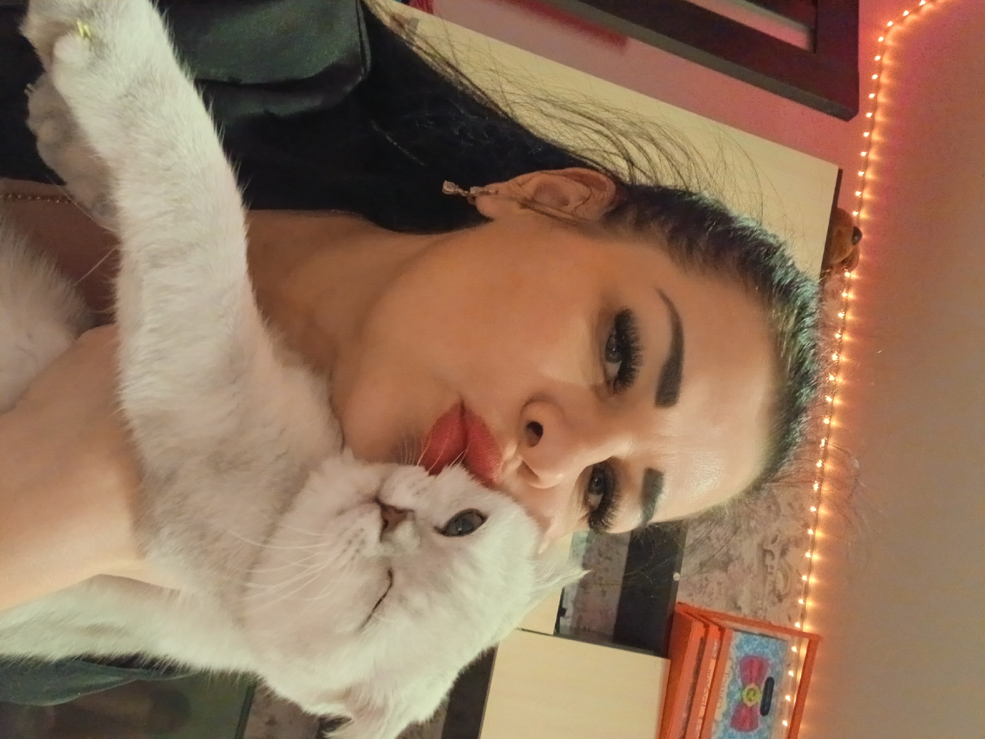 A light-skinned woman with long black hair and heavy makeup holds a white cat to her face. The woman wears an earring and red lipstick. There is a small, unidentifiable stuffed animal on a shelf. Christmas lights are strung in the background. An orange-framed, decorated object sits on a nearby surface. The location is impossible to determine from the image.