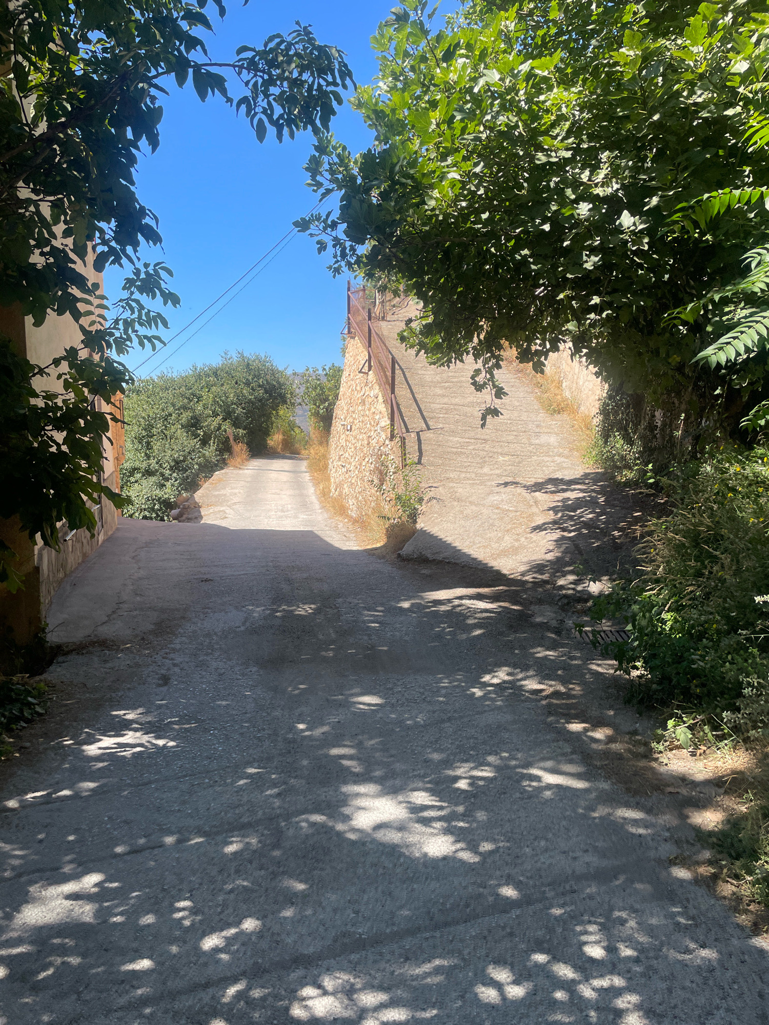 The image depicts a fork in a paved road in the city of Lanjarón, Spain. The road is bordered by stone walls and lush green trees, casting dappled shadows across the pavement. To the left, a building with a stone facade is visible, partially obscured by leafy branches. To the right, a set of stone stairs ascends alongside a wall, with a metal railing. The sky above is a clear, bright blue. The scene appears to be a quiet, rural or semi-rural area, bathed in sunlight. There are no people or animals present in the image. The environment suggests a warm, sunny day.