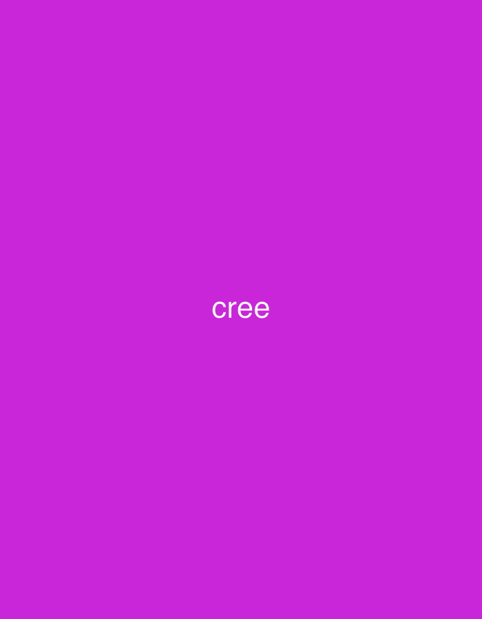 The image displays a solid magenta-purple background. Centered horizontally on this background, the word "cree" is written in white, lowercase letters. There are no other subjects, objects, or discernible scenes, activities, or notable details such as time of day, weather, or specific location cues.