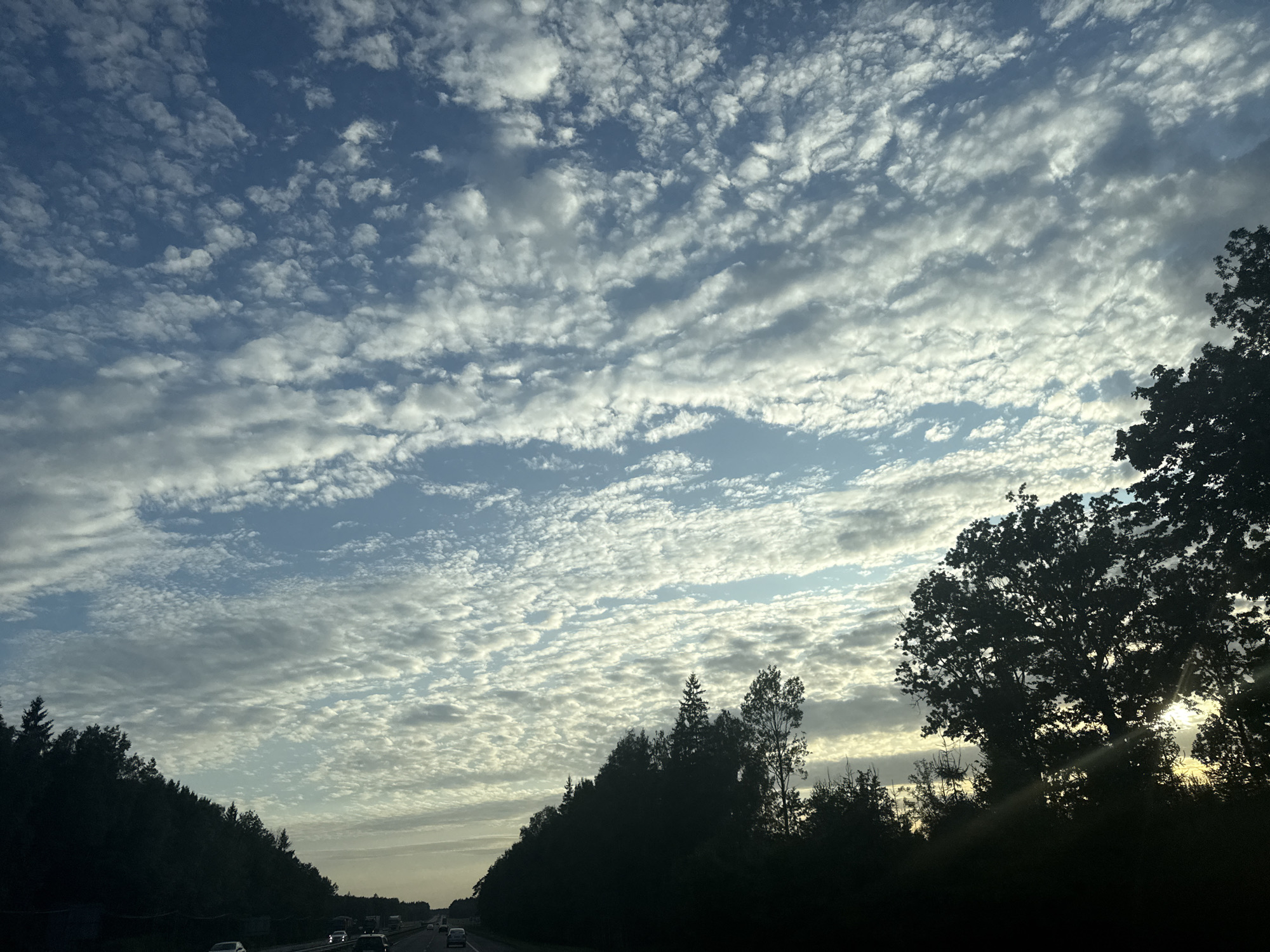 The image depicts a view from a moving vehicle on a highway passing through a forested area. The sky is filled with scattered, wispy clouds against a blue backdrop, suggesting daylight. Silhouetted trees line the side of the road, with some larger trees on the right side partially obscuring the sun. Several vehicles are visible on the highway, indicating it is a public road. The scene is consistent with a drive through a rural or suburban area of Забалоцкі сельскі Савет, Belarus.