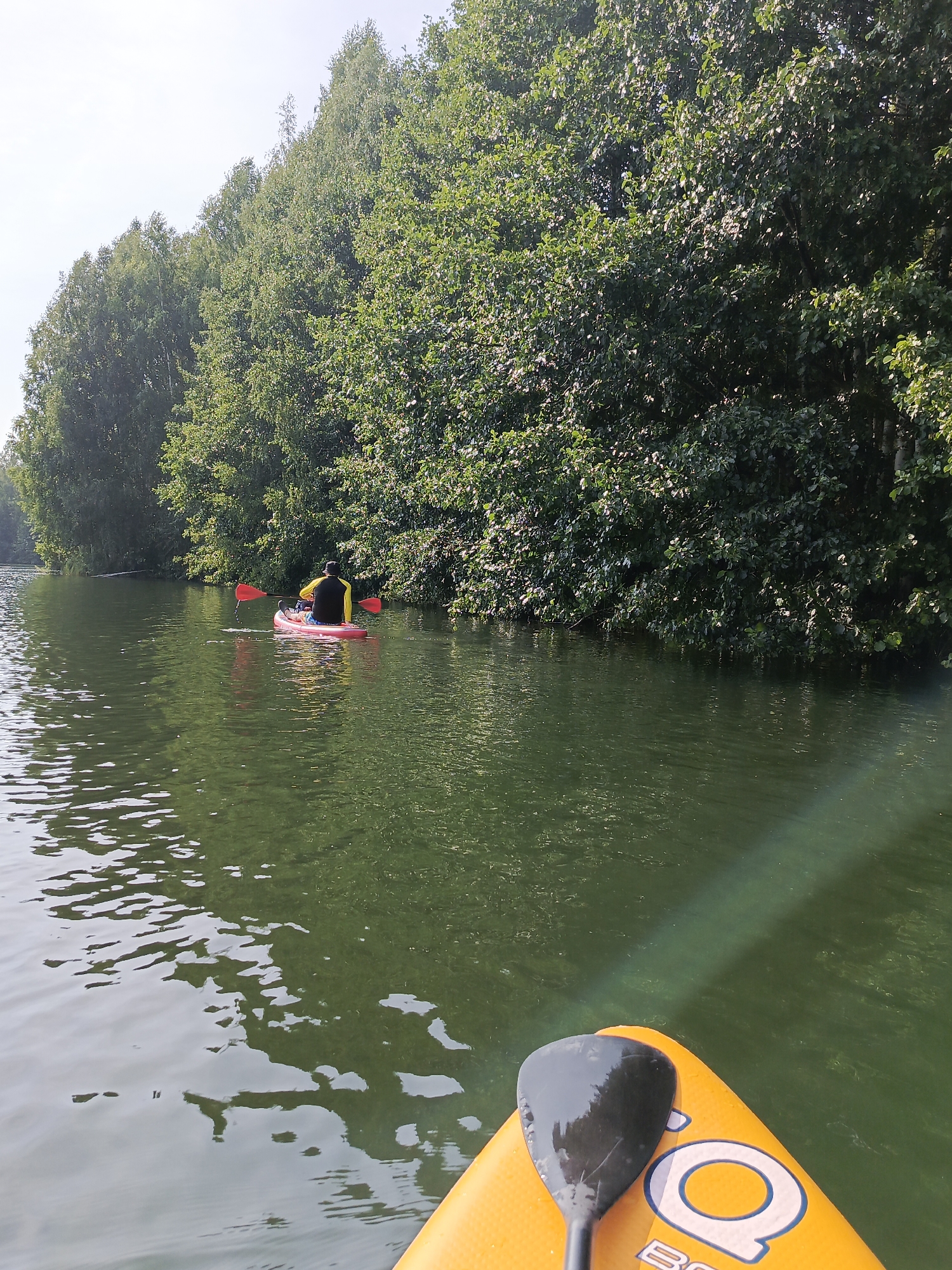 An eye-level shot captures two individuals engaged in water activities on a sunny day. In the middle ground, a person is seated in a red kayak, paddling on calm, green water. This individual is wearing a yellow and black long-sleeved shirt, blue shorts, and a dark hat. Further back, another kayak, also red, is visible with a person paddling. The background is dominated by a dense line of lush green trees bordering the water. In the foreground, the tip of a bright orange paddleboard with a black paddle resting on it is visible, with a partial view of a logo on the board. The scene suggests a recreational outing on a river or lake, possibly in a natural setting. The overall atmosphere is serene and summery.