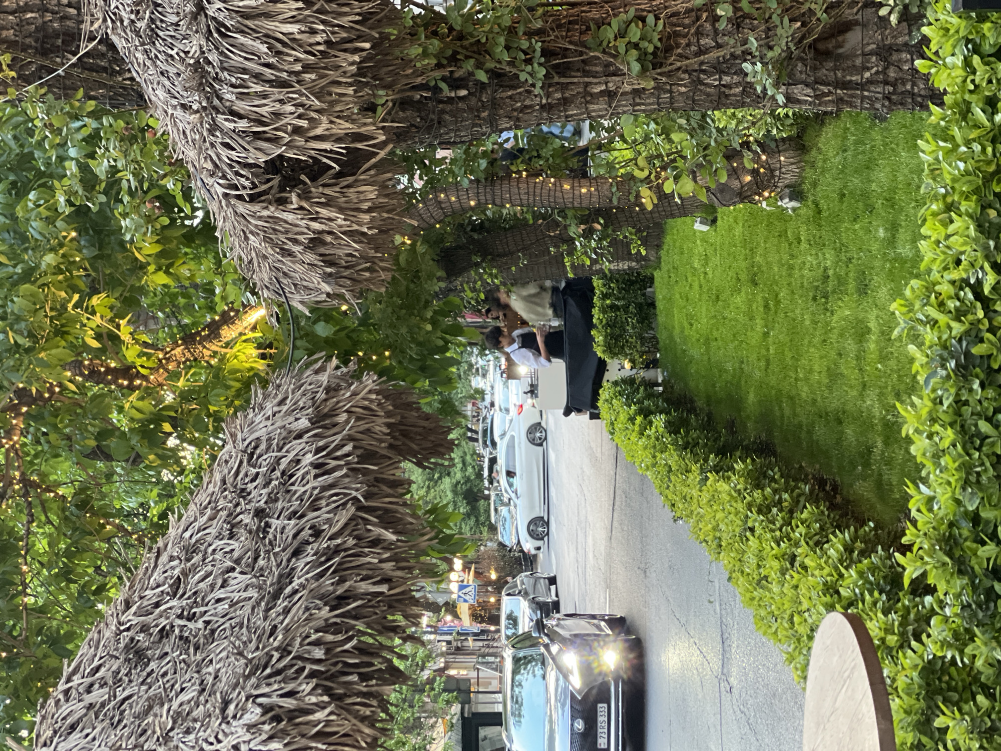 The image captures a street scene in Yerevan, Armenia, with a line of parked cars and passing traffic along a narrow road. The road is flanked by trees and shrubs, some of which are decorated with woven branches and string lights. Pedestrians, including a waiter in a white shirt and black apron, are visible alongside the parked cars. The architecture in the background suggests a commercial or residential district with street lighting and signage. A black Lexus sedan with license plate "73 RS 333" is driving on the street. The image is oriented sideways.
