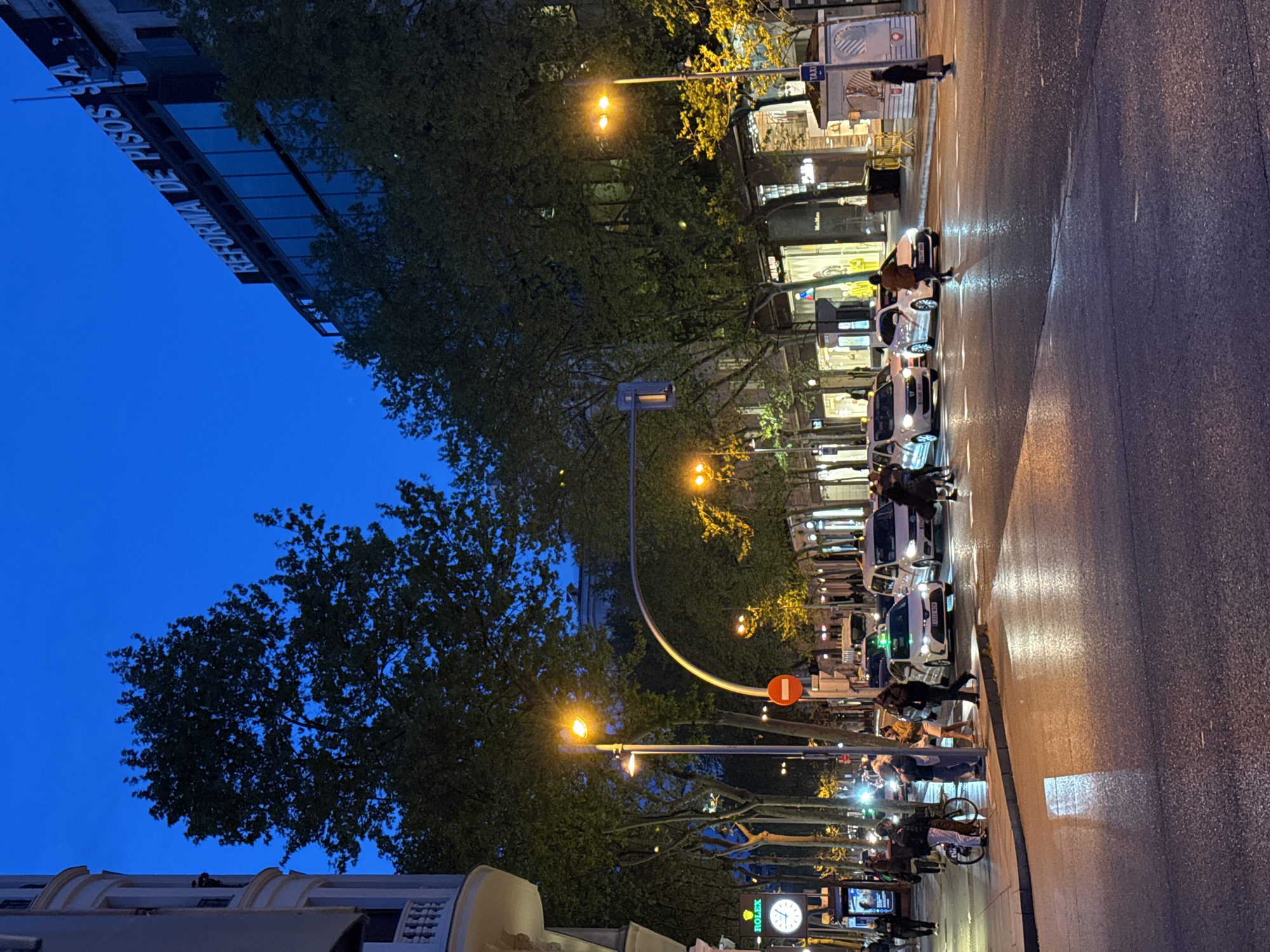 The image depicts a nighttime street scene in Madrid, Spain. The camera is positioned at street level, capturing a view along a wide avenue lined with trees and buildings. The sky is a deep blue, indicating dusk or early evening.
On the right side of the frame is a wet, paved road reflecting streetlights. A line of white vehicles, likely taxis, is parked along the curb, with people standing nearby or crossing the street. These people, predominantly dressed in dark clothing, appear to be hailing or interacting with the taxis.
The left side of the frame features tree foliage partially obscuring buildings and the evening sky. Illuminated streetlights are spaced along the avenue, casting a warm glow. A prominent feature is a large Rolex clock at the base of the image and on the upper left side is a tall building displaying "REFORMA DE PISOS".
The overall atmosphere is urban and bustling, typical of a city street at night.